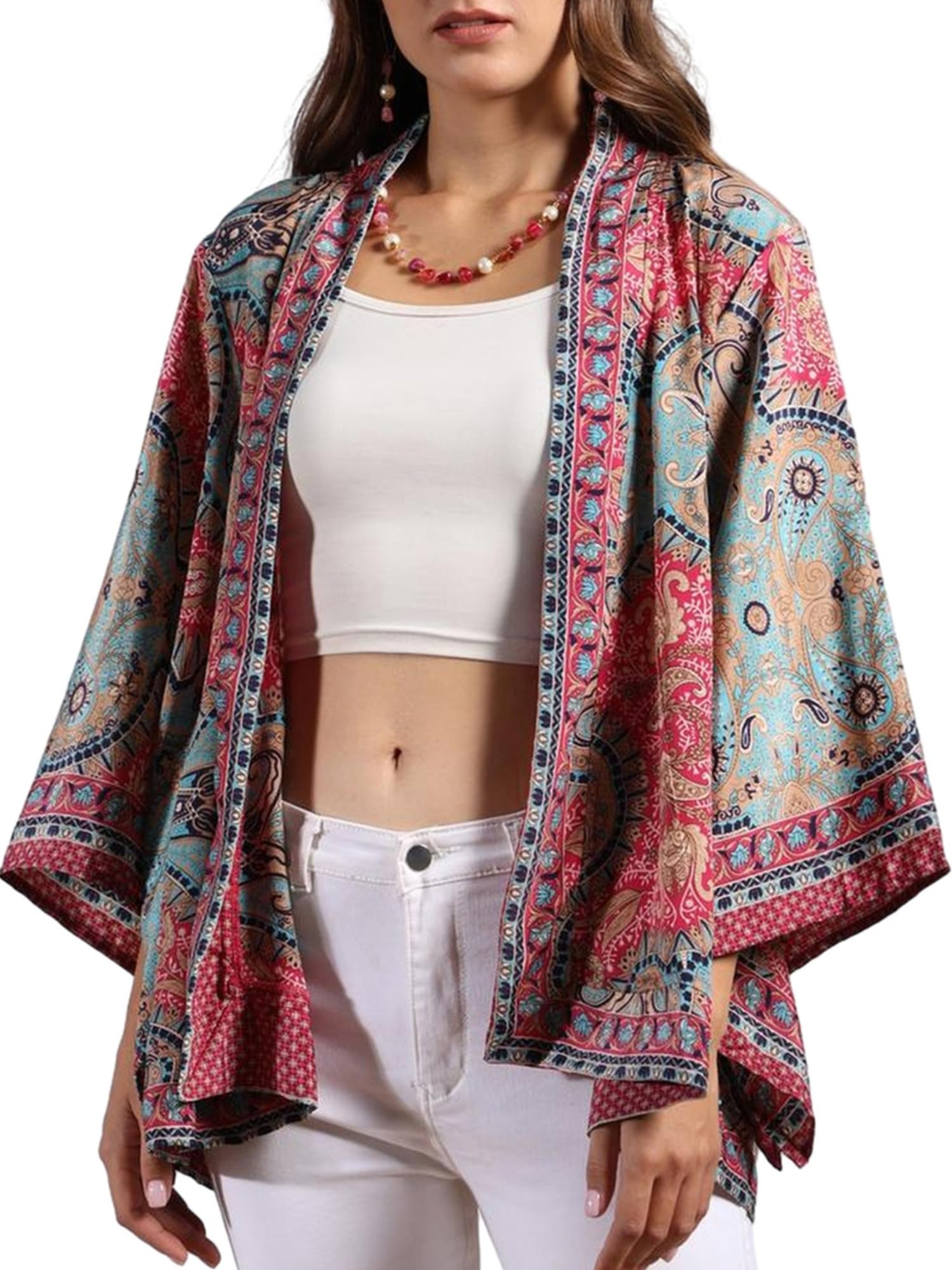 KE KANHA EXPORTS Shrugs for Women Stylish Boho Western Kimono Beach Wear Top with Japanese Sleeves and Multicolour Border Print|Premium Soft Silky Free Size Cover Up Fits S-M-L FREE Scrunchie Included