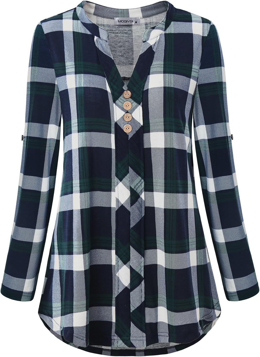 MOQIVGI Womens Roll Tab Sleeve V Neck Plaid Shirts Trendy Casual Checkered Blouse Tops - Image 2