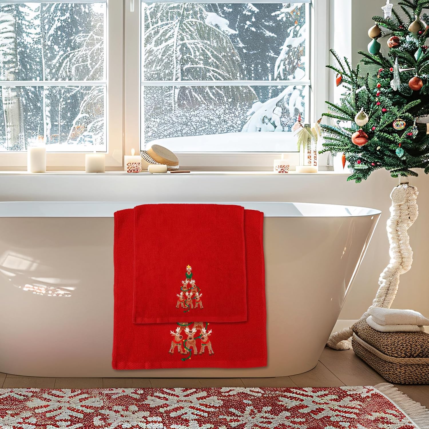 JarThenaAMCS Christmas Bathroom Towels Set of 3 Red Xmas Reindeer Embroidered Cotton Bath Towel Hand Towel Wash Cloth for Holiday Hand Drying Shower Supplies