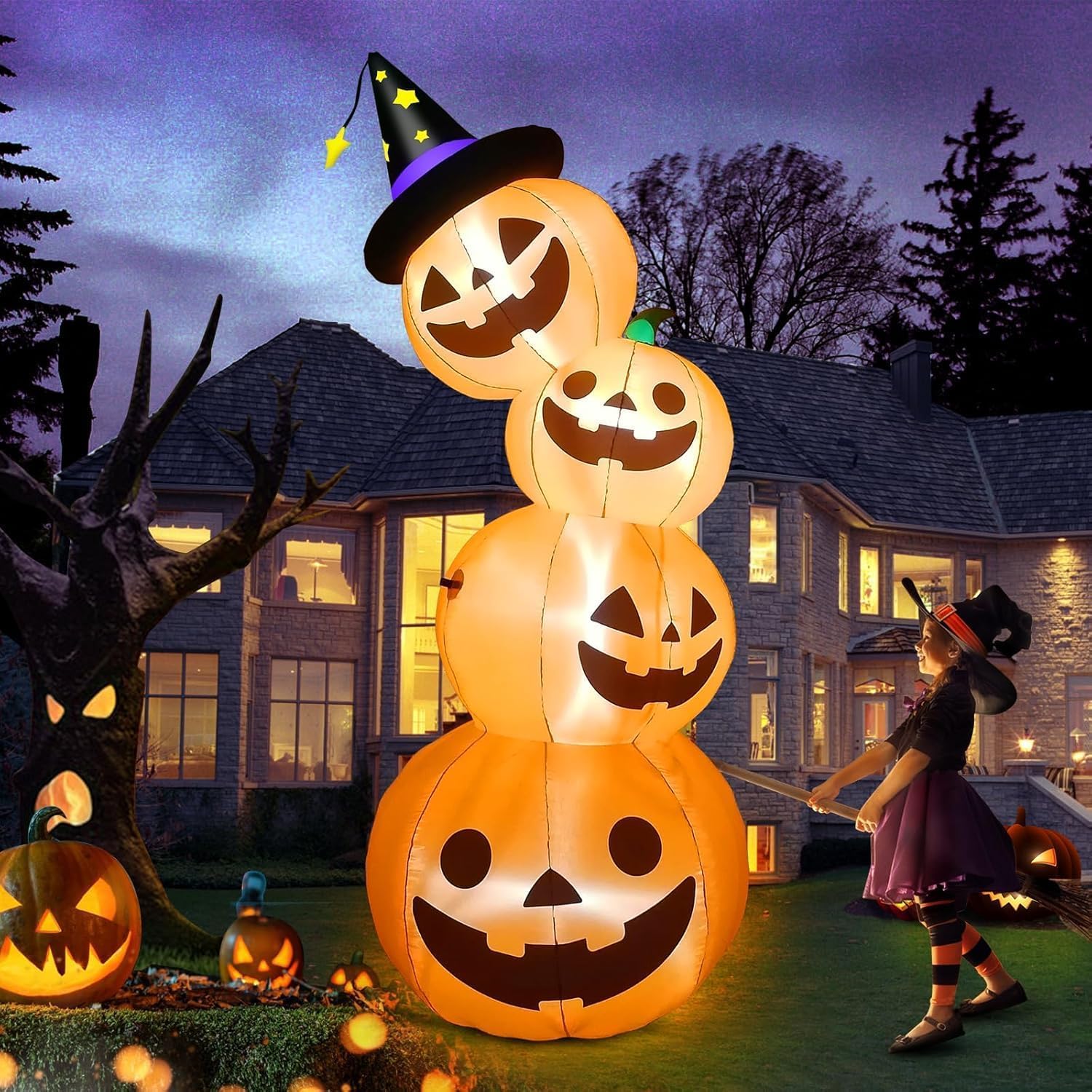 7.9 stóp wysokości Halloween nadmuchiwane ułożone dynie, Kalolary wysadzenie powietrze latarnie dyniowe Dekoracje z wbudowanymi światłami LED Outdoor Indoor Holiday Decor domu Family Yard Lawn Garden