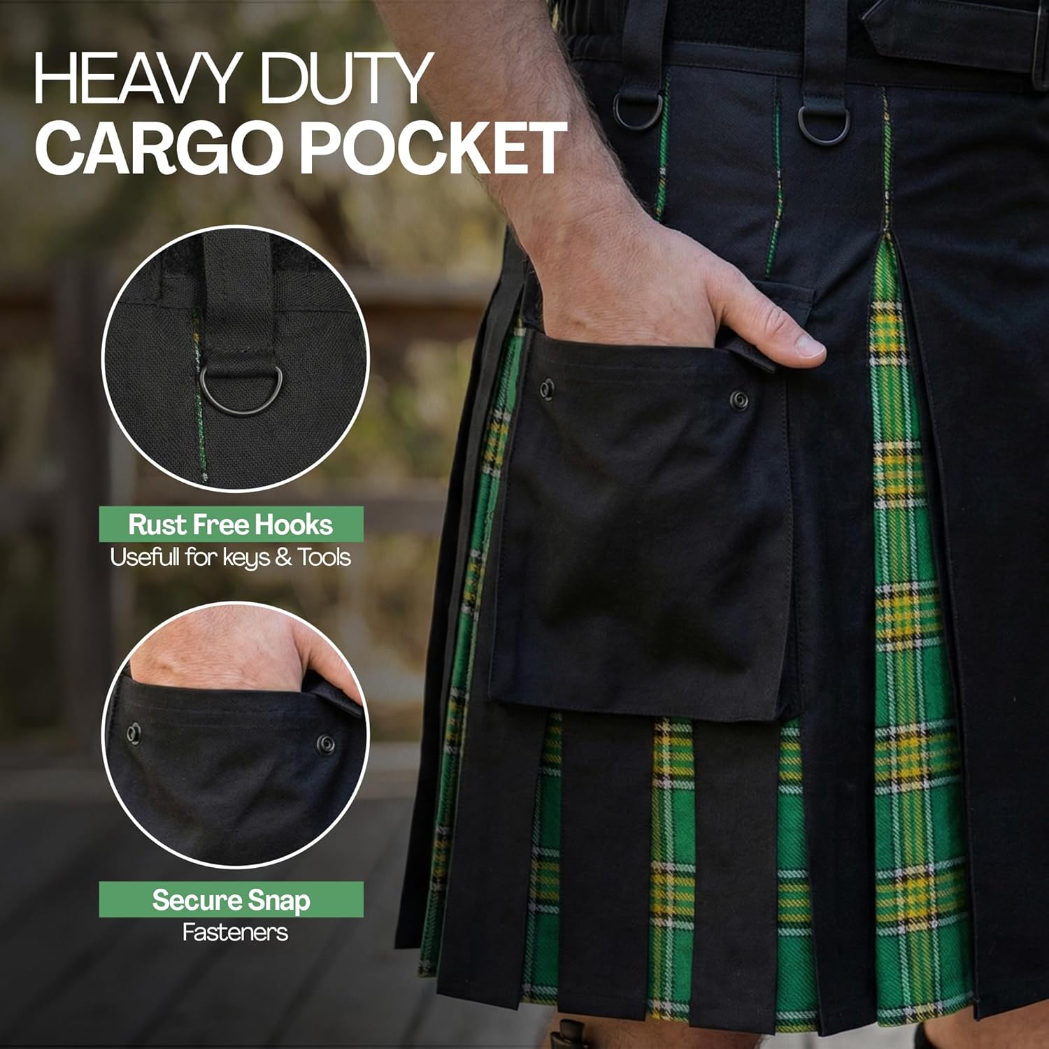 Men’s Utility Tartan Kilt, Scottish Kilts for Men with Cargo Pockets & Adjustable Leather Straps