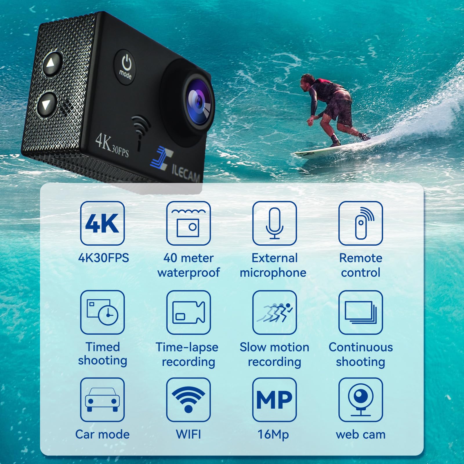 Xilecam X8000Pro Caméra Sport 4K WiFi 131FT Étanche 2.4G 2×1350mAh Batterie Sac Accessoire