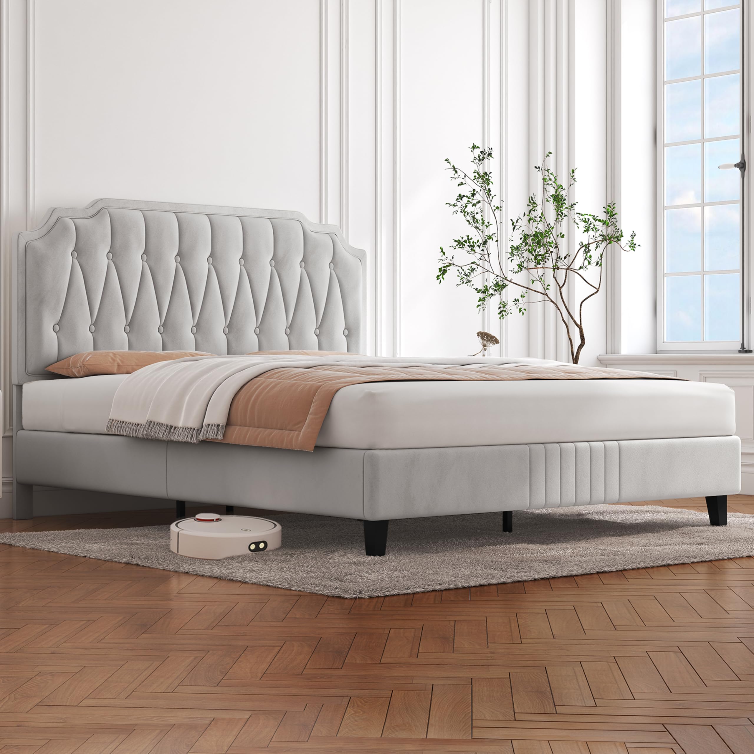 Yaheetech Cama Tapizado en Terciopelo Cama de Matrimonio con Cabecero Ajustable en Altura Marco de Cama Soporte con Listones de Madera 140 × 200 cm Beige