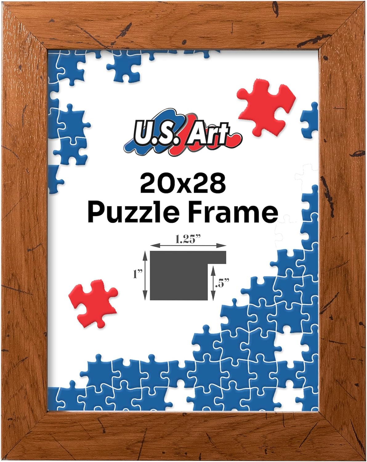 Distressed Oak 20x28 Puzzle Frame 1.25" Inch Wide - Handmade American Picture Frames with Preinstalled Hangers and UV Blocking Plexiglass, 20x28 Frame
