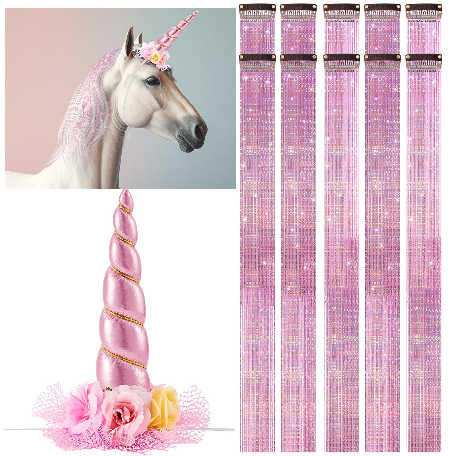 Juexica 19 Pcs Unicorn Horn for Horse, Unicorn Hair Bling Horses Accessory Include 1 Horn, 18 Clip in Hair Extensions Real Horse Easter Show Decor