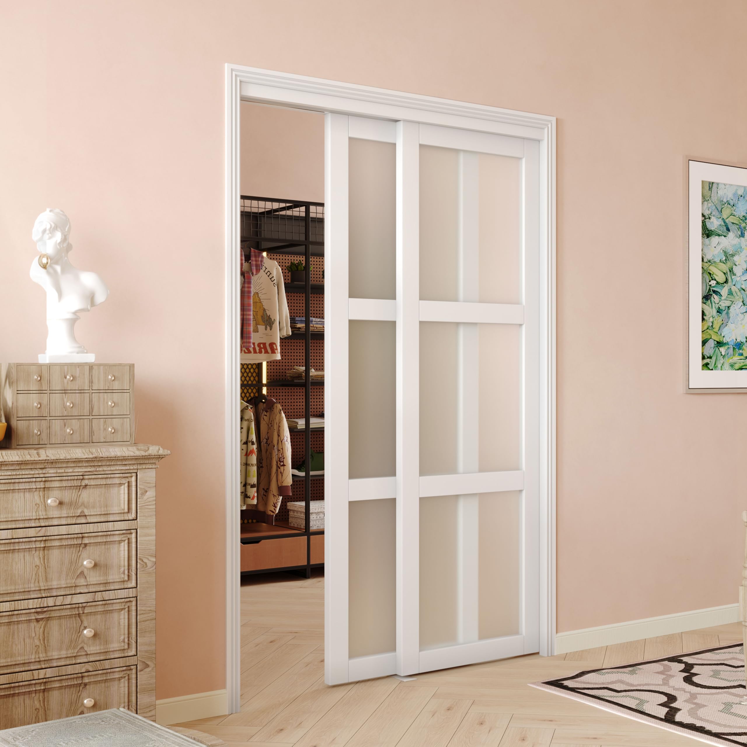 Closet Doors, 3-Lite Frosted Glass Sliding Closet Door with Hardware Kit & Track (48')