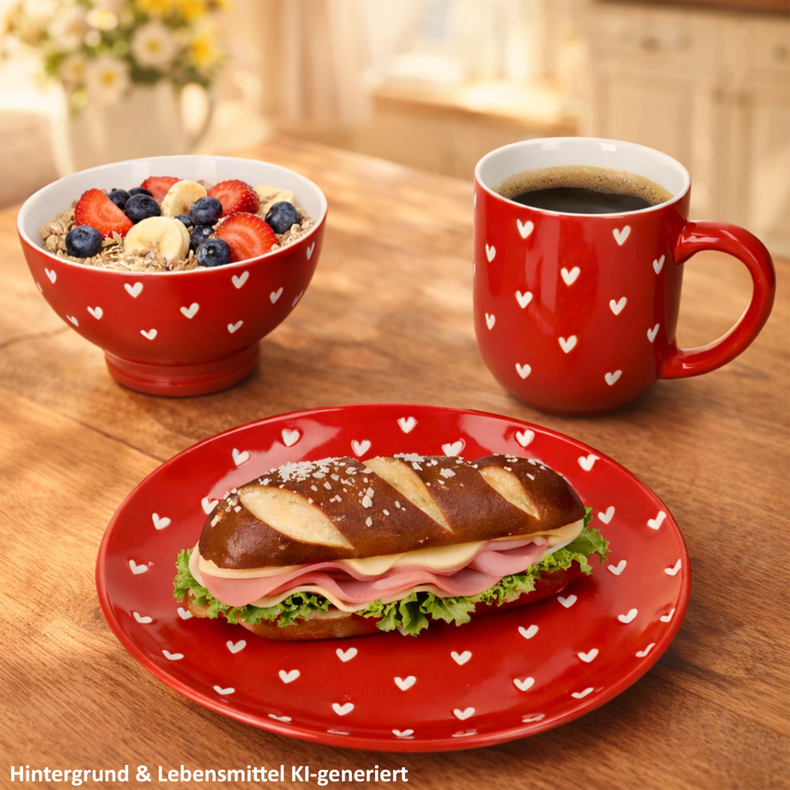MamboCat Love 18tlg Frühstücksset I 6X Kuchenteller Ø19,5cm, 6X Müslischalen 500ml 6X Kaffeebecher 300ml I Porzellan Geschirr rot mit weißen Herzen I für Frühstück & Kaffeezeit