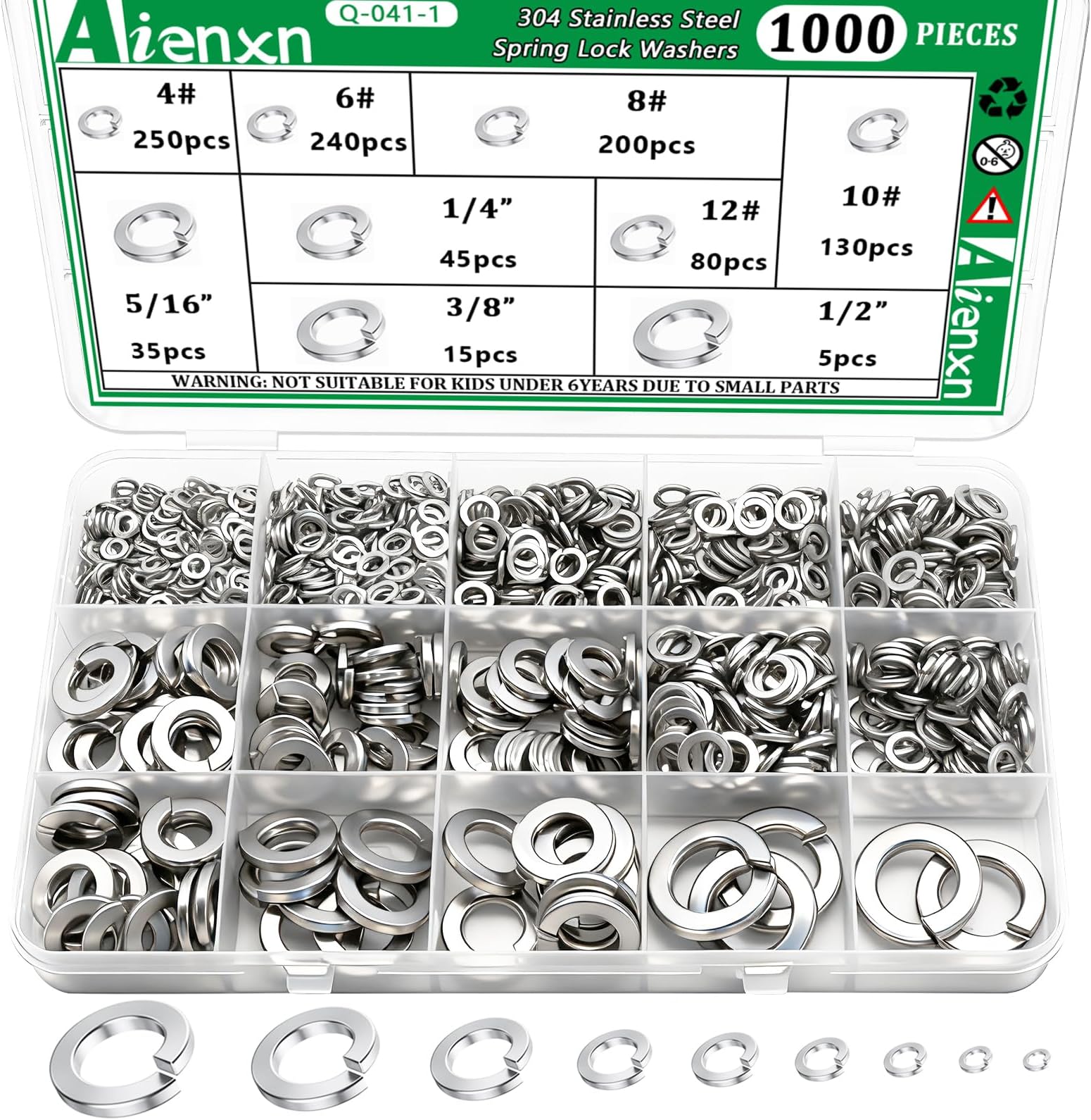 1000PCS Spring Lock Washers Assortment Kit, 9 SAE Sizes -#4, #6, #8, #10, #12, 1/4", 5/16", 3/8", 1/2", 304 Stainless Steel Washers for Bolts Screws, Split Lock Washer Set