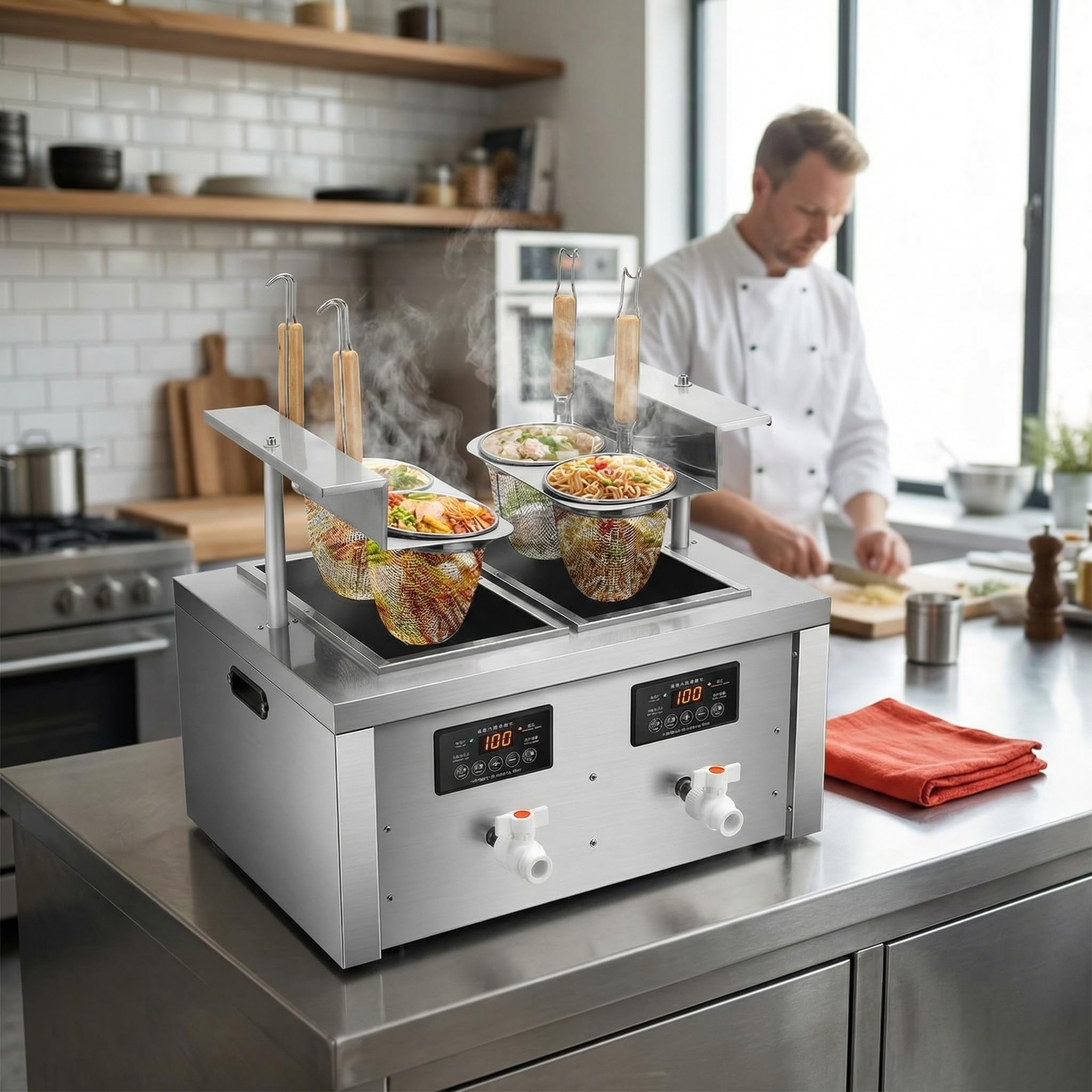Cuocipapa Professionale con Sollevamento Automatico E Timer, Macchina per Pasta A Doppio Scolo per Spaghetti, Ramen, Maccheroni E Gnocchi - Bollitore Efficiente per Ristoranti