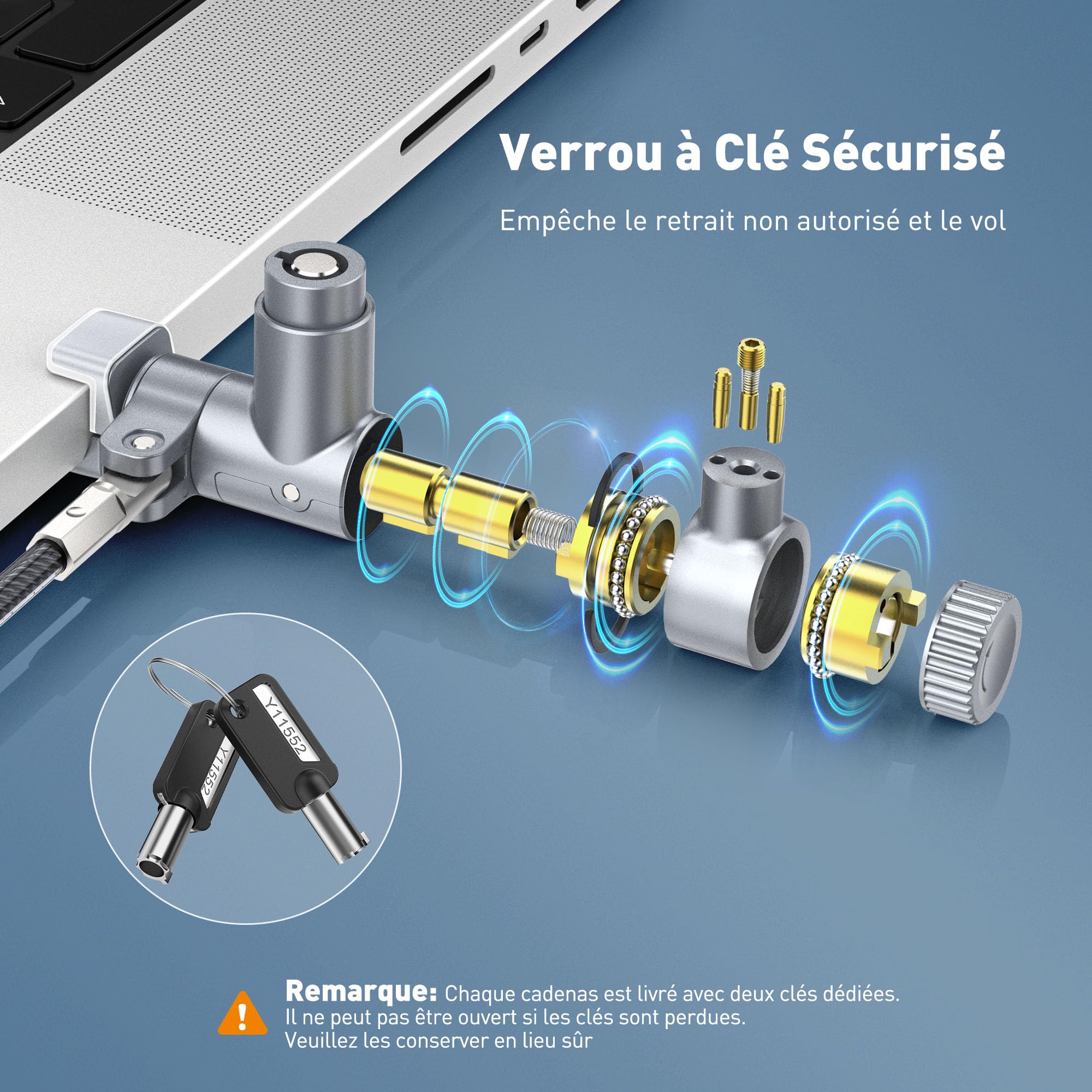 AboveTEK Câble de verrouillage pour ordinateur portable MacBook Pro 14/16 (2021–2024), verrou de sécurité antivol à clé pour ordinateur portable, câble de verrouillage d'ordinateur en acier résistant