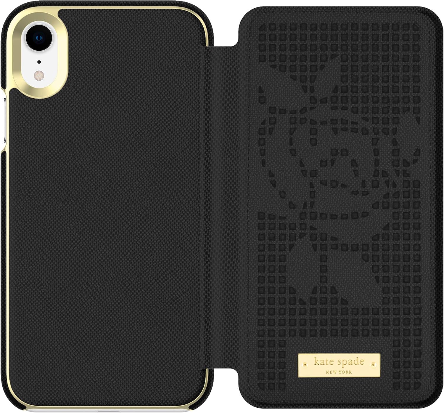 kate spade new york Perforated Rose Black Folio Case for iPhone XR - Saffiano Leather ID & Card Holder