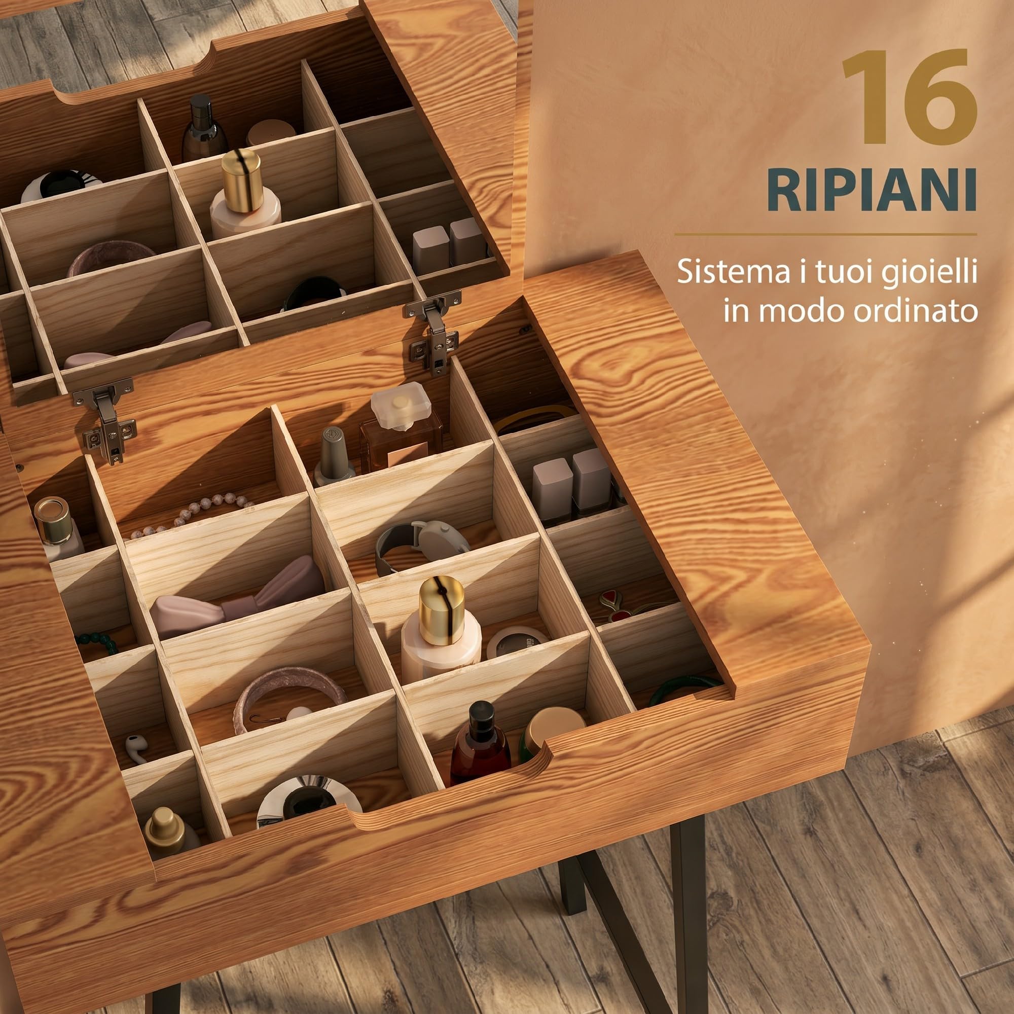 HOMCOM Toeletta Trucco con Specchio Ribaltabile 60x40x90 cm Colore Legno | Elegante, 16 Scomparti Nascosti, Postazione Make Up, Legno e Acciaio, per Camera da Letto, Stile Moderno