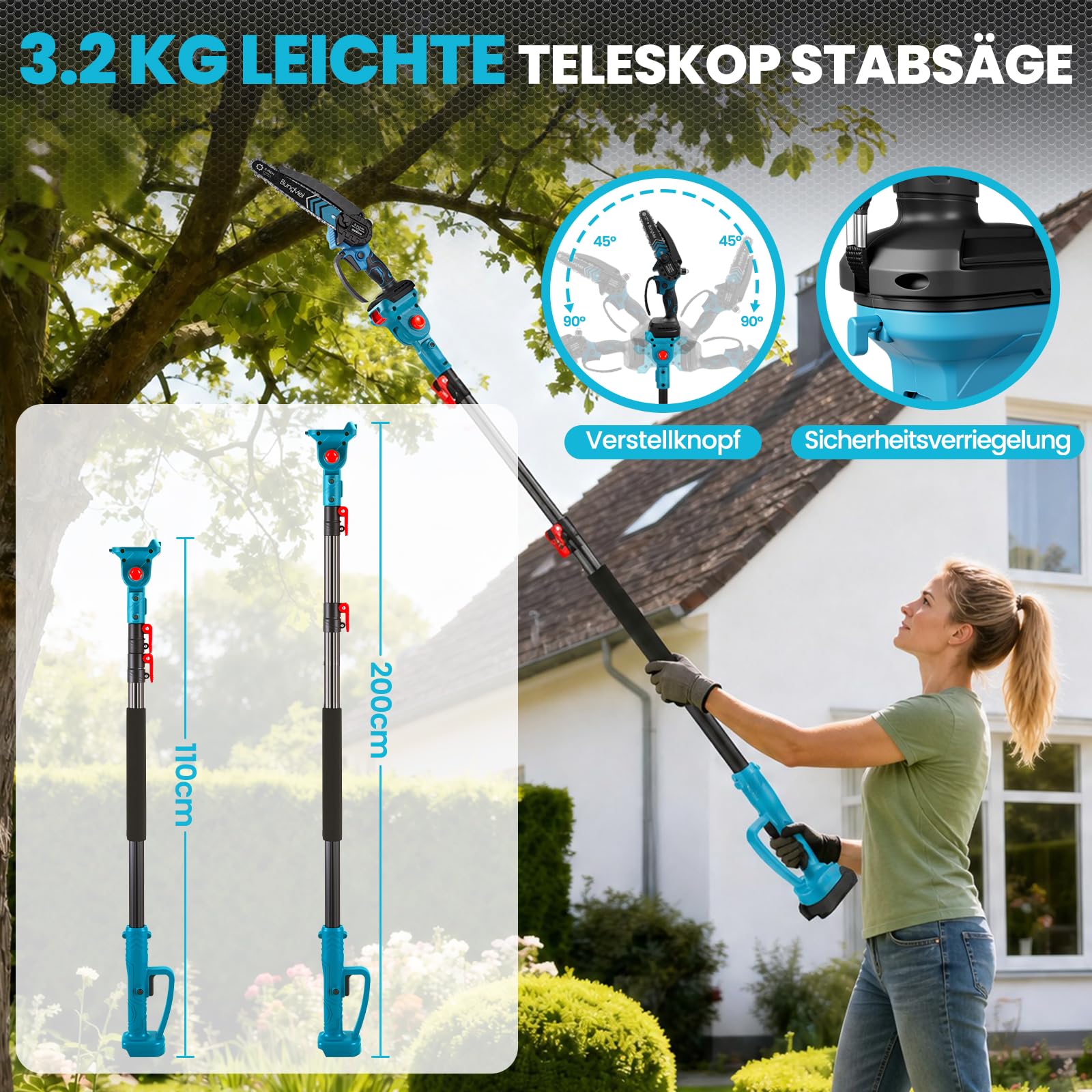 2-in-1 Akku Kettensäge Teleskop Astsäge Elektro Kettensäge Kompatibel mit Makita Akku, 8 Zoll Bürstenlos Mini Astsäge Akku, 2x4000mAh Batterien, 4,6m Arbeitshöhe, Öltank für Garten Baumschnitt