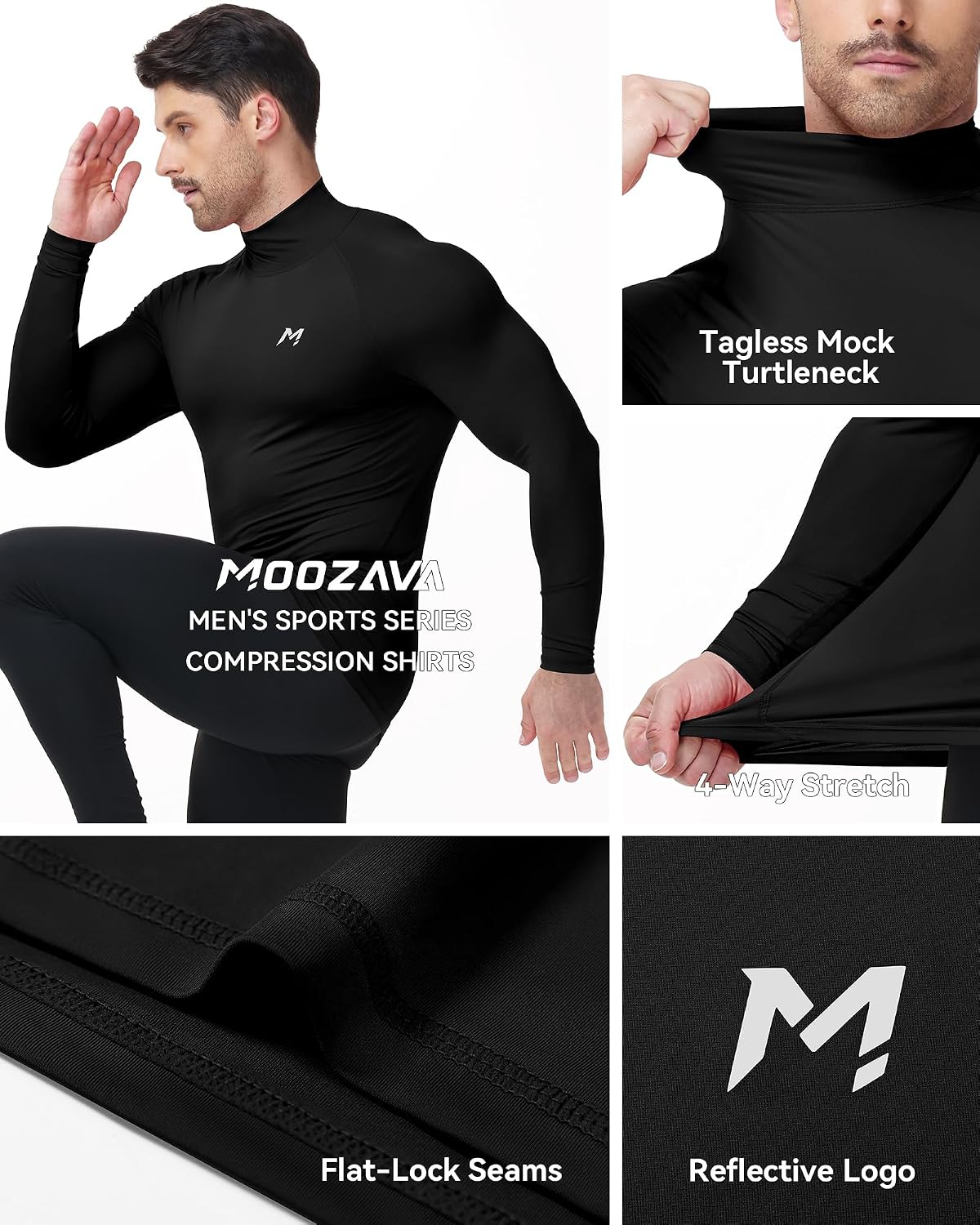Moozava Mens Compression Shirts Mock Turtleneck UPF 50+ Quick Dry Long Sleeve Undershirts Athletic Workout Running Base Layer