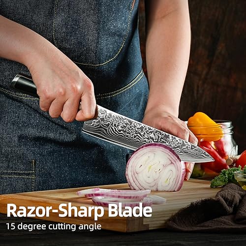 Miniatura 43 de Sunnecko Cuchillo de cocina de Damasco de 8 pulgadas para cortar carne, cuchillo japonés VG10 de acero, espiga completa