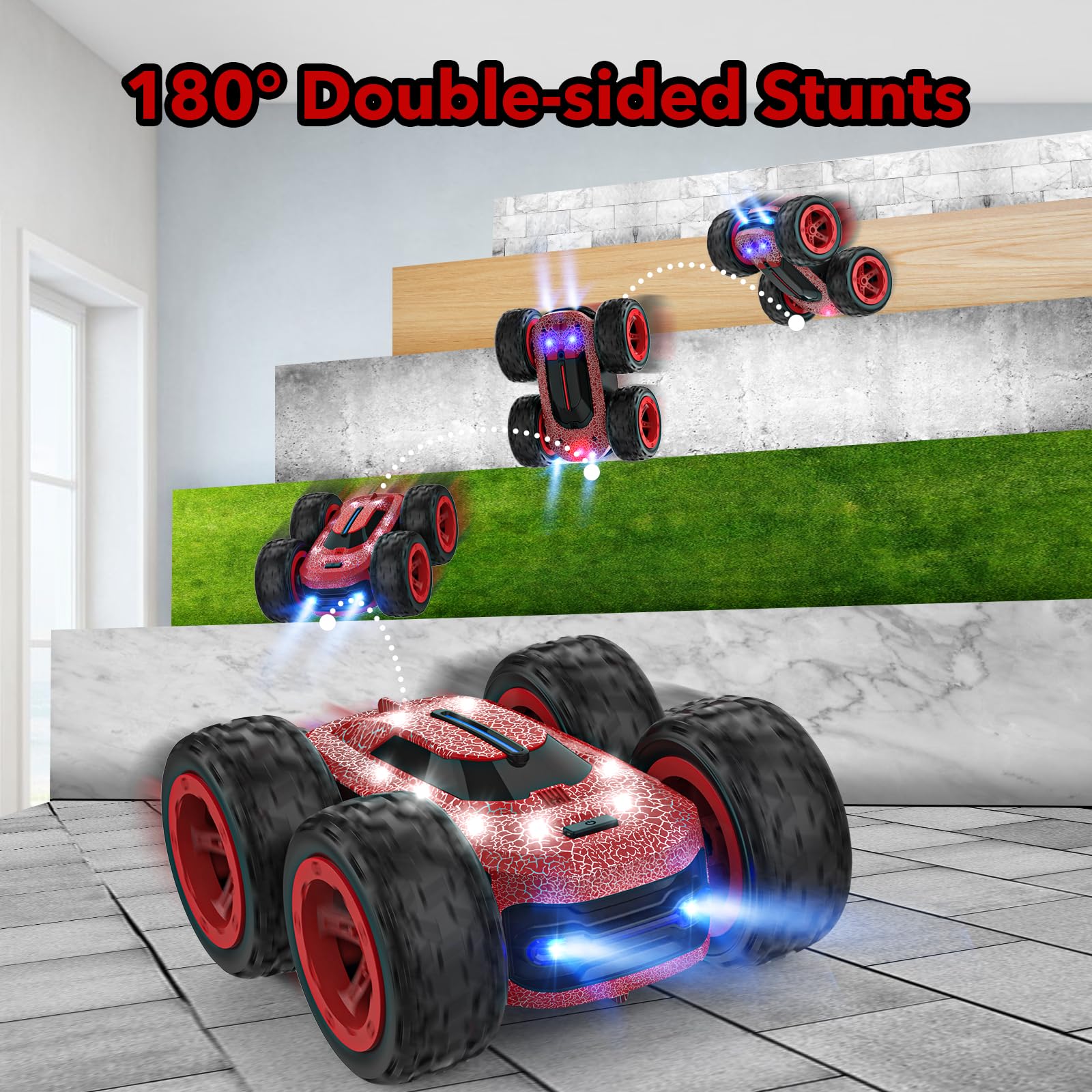 Macchina Telecomandata, 4WD Stunt Car Auto Telecomando 360° Rotazione Acrobatica con LED Luce 2.4GHZ Doppio Lato Macchina Radiocomandata per Bambini Ragazza Ragazzi Giocattoli Regali di Compleanno