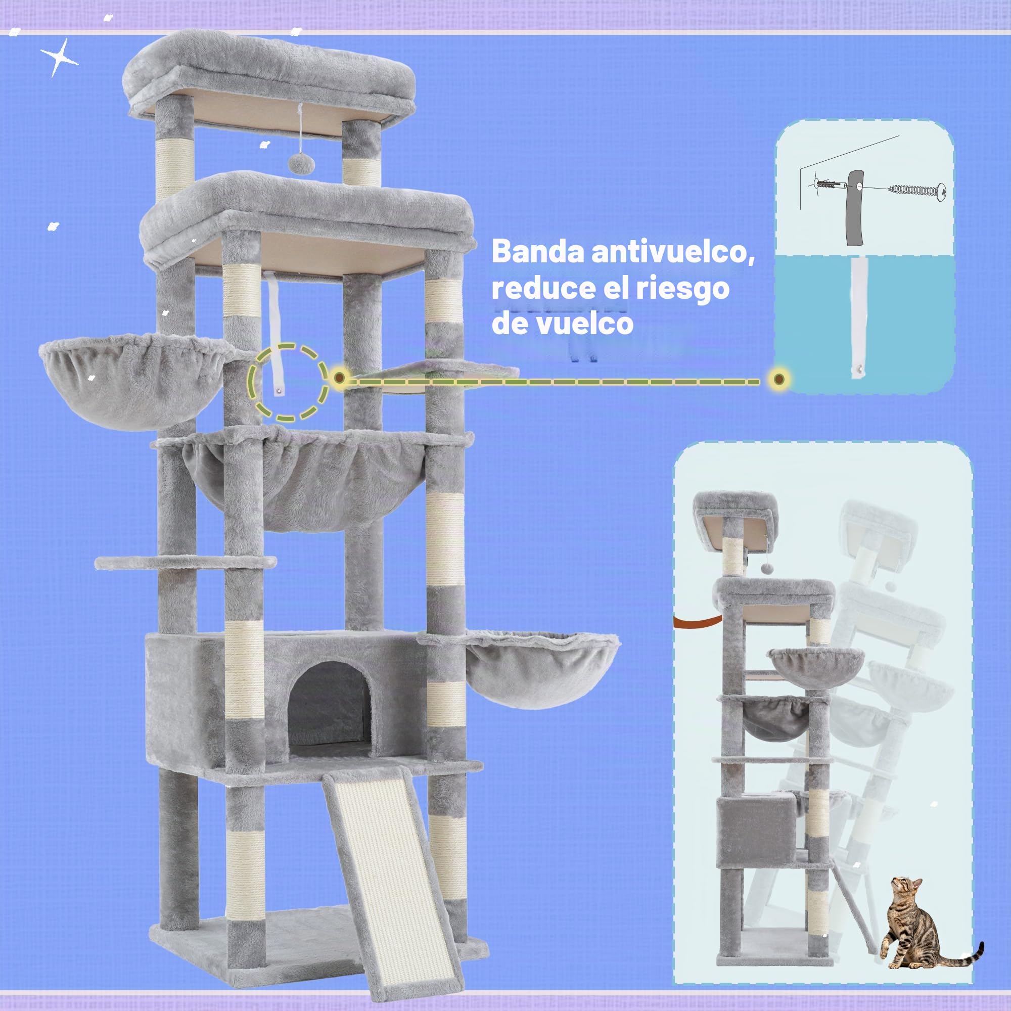 Hey-brother Rascador para Gatos, con Hamaca, Cueva, 2 Plataformas, MPJ080W | 182cm Árbol para Gatos, 2 Cestas Suaves, Rampa Rascadora, Pelota de peluche, para Múltiples Gatos de Interior, Gris Claro