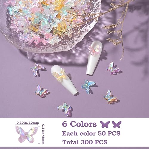 Miniatura 2 de OIIKI 300 dijes de mariposa para uñas, lindo dije de mariposa 3D de doble capa con purpurina para decoración de uñas