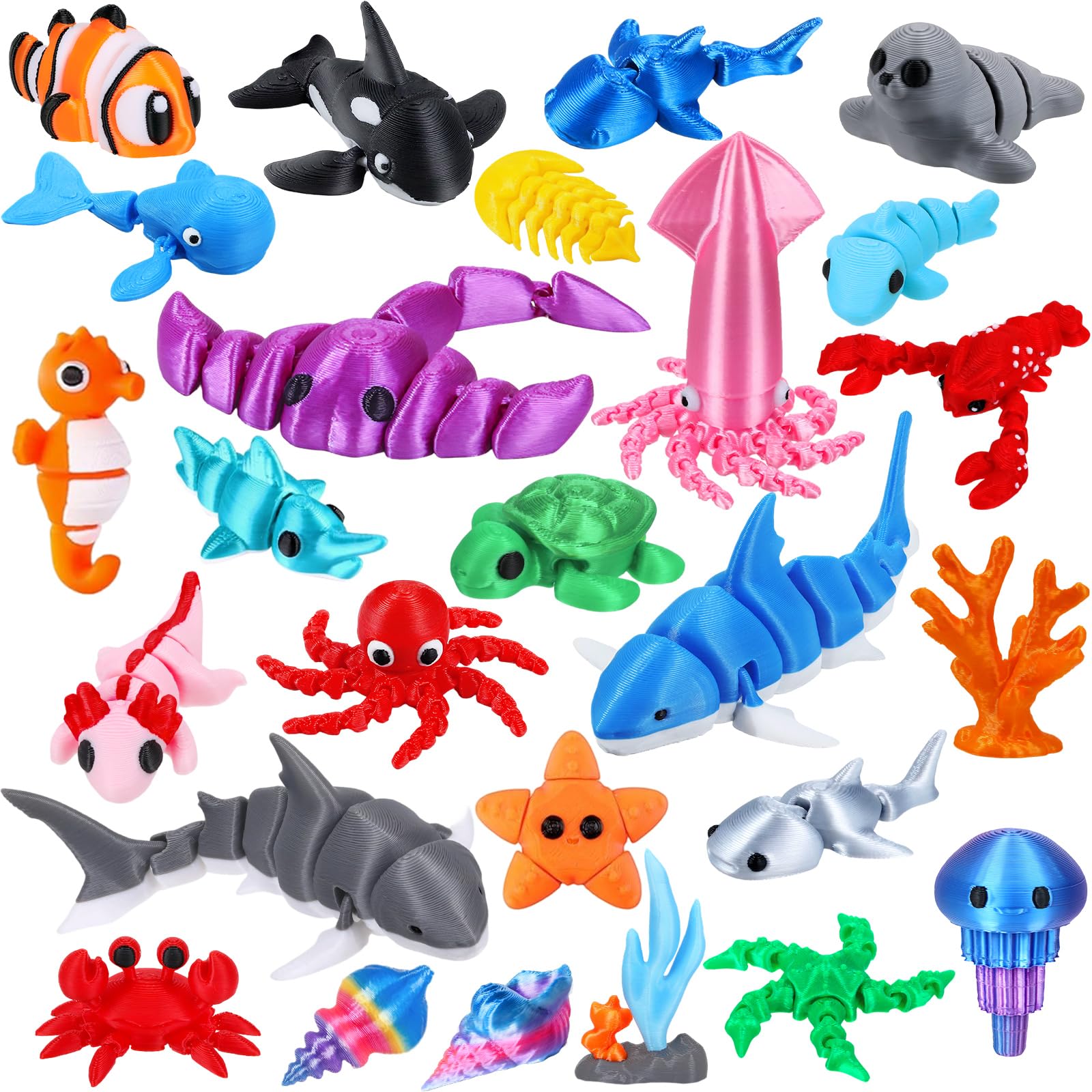Kanmeii 26PCS 3D Printed Animal Figurines for Kids, Mini Sea Animals 3D Printed Toys,Flexible Articulated Fidget Toys for Party Favors Office Desktop Home Decoration and Classroom Prize Rewards