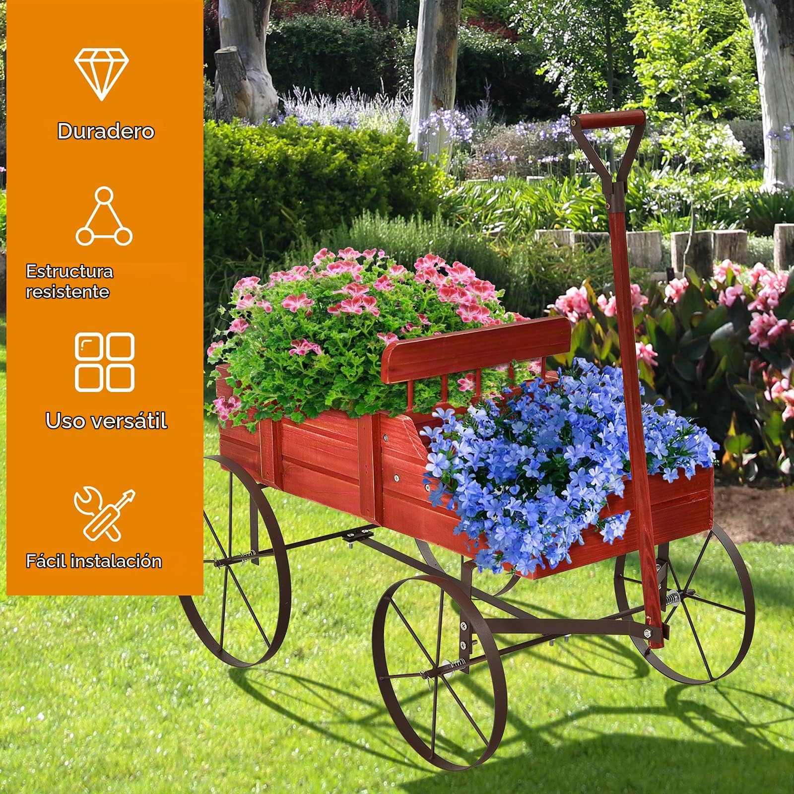 GOPLUS Carrito de Madera para Planta con 4 Ruedas Metal y Mango, Macetero Decorativo Exterior con 2 Compartimentos, Jardinera Interior Colocar Regalos,62 x 34 x 61cm(Rojo)