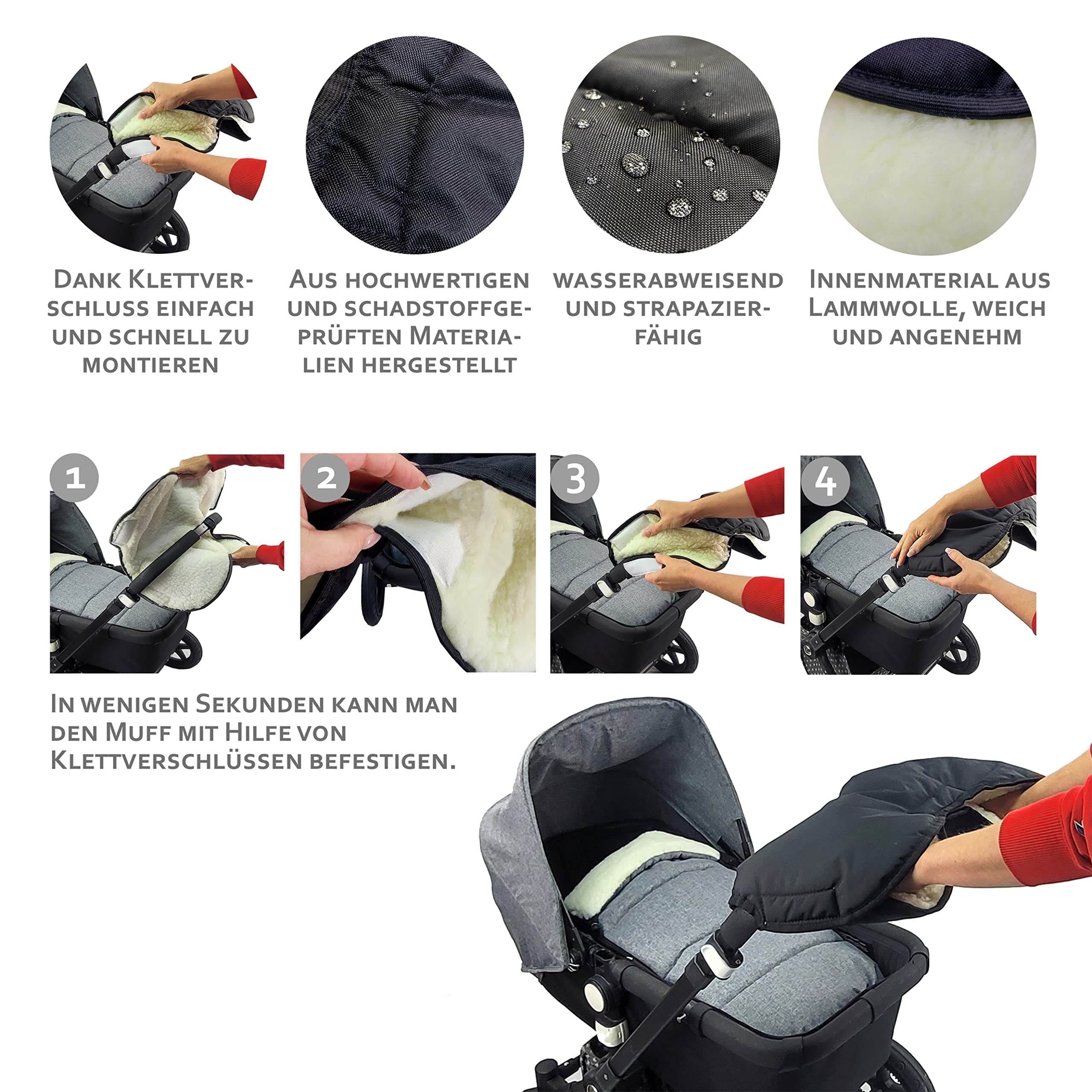 BAMBINIWELT KOMBI-oferta mufka + śpiworek na stopy 108 cm – z wełny jagnięcej do wózków dziecięcych, Buggy, przyczepa rowerowa – wełna – linowana (morska)