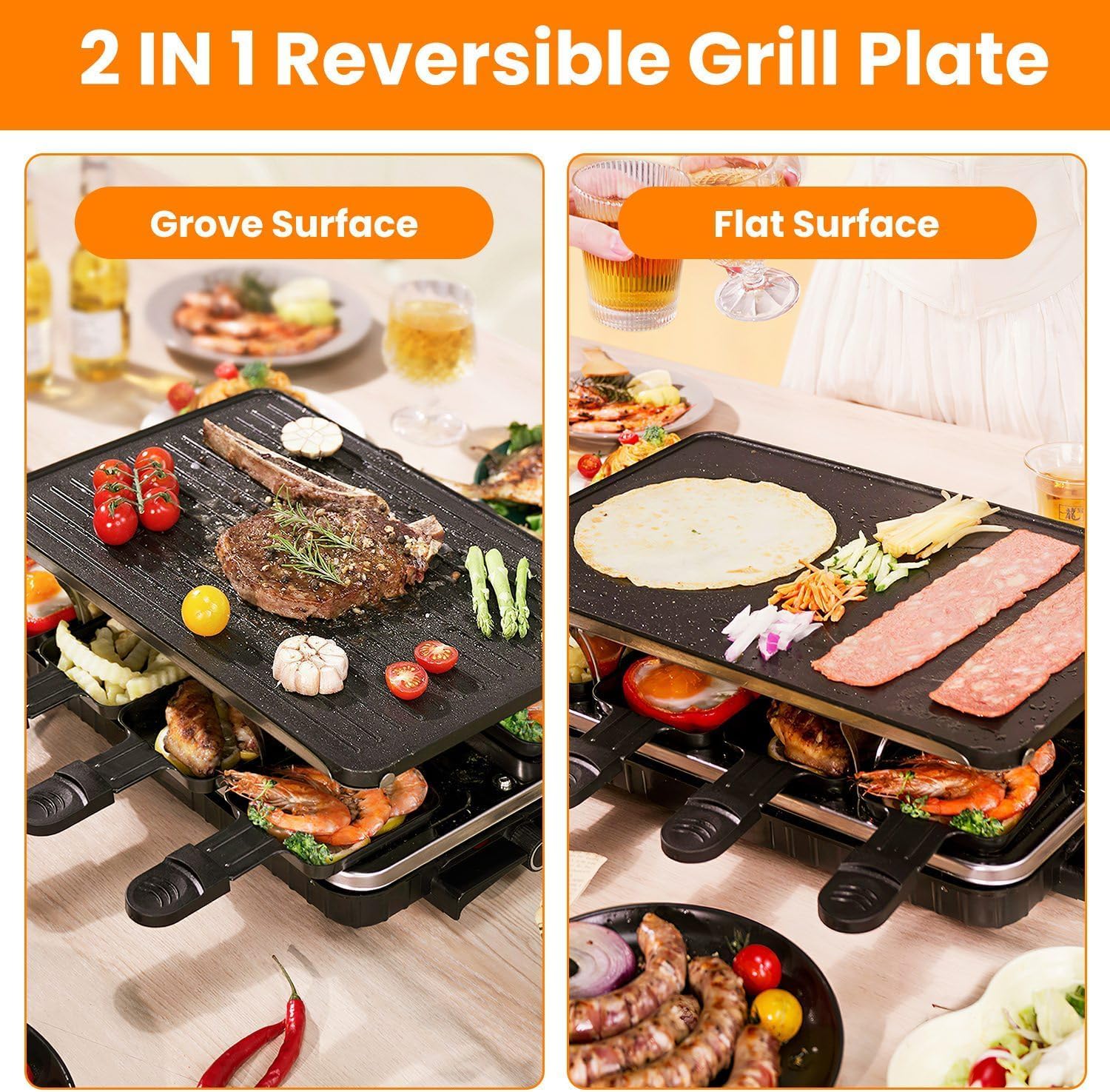 Raclette - Parrilla de mesa para interiores, parrilla eléctrica coreana, parrilla eléctrica 2 en 1, antiadherente con 8 bandejas de queso Raclette, control de temperatura ajustable, 1300 W, ideal para 6