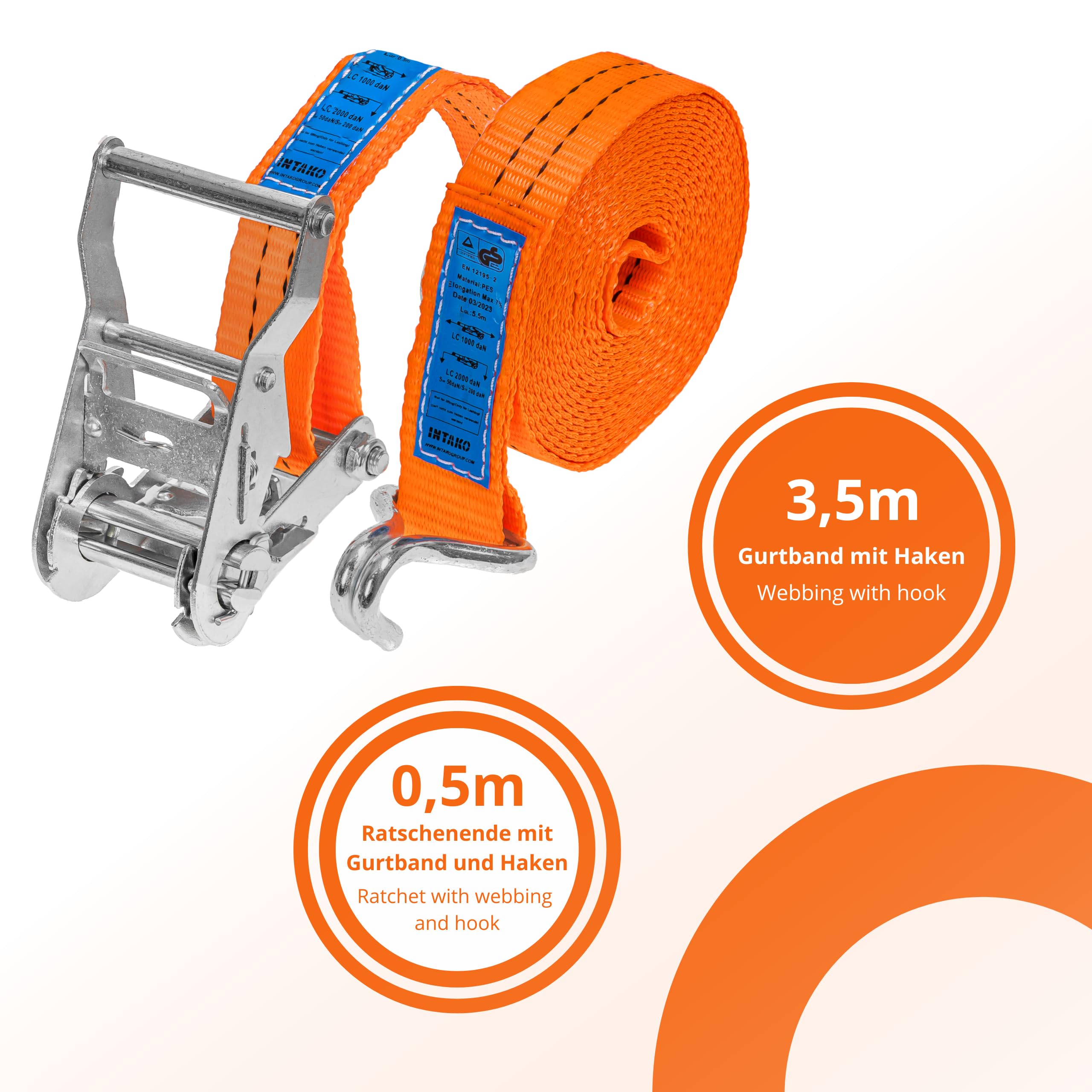 INTAKO Sangle à Cliquet 4m/6m/8m 2000kg 35mm - Lot de 4 - Sangles D'arrimage avec Crochet Securises pour Moto Remorque, Quad - Conforme à la Norme EN 12195-2 et Certifié TÜV GS (Orange, 4m (lot de 4))
