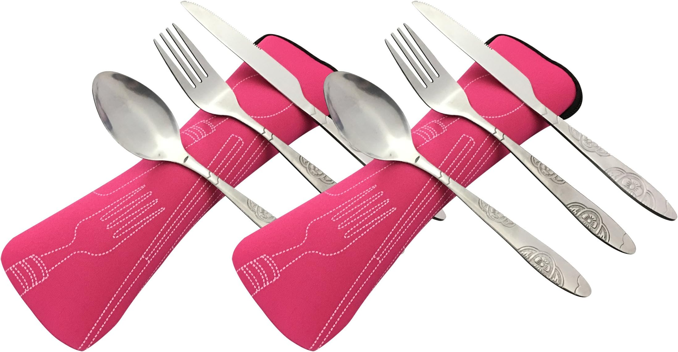 MayULike Camping Cutlery Utensils Set of Military Grade Stainless Steel Fork, Spoon and Knife (2pack-Pink)