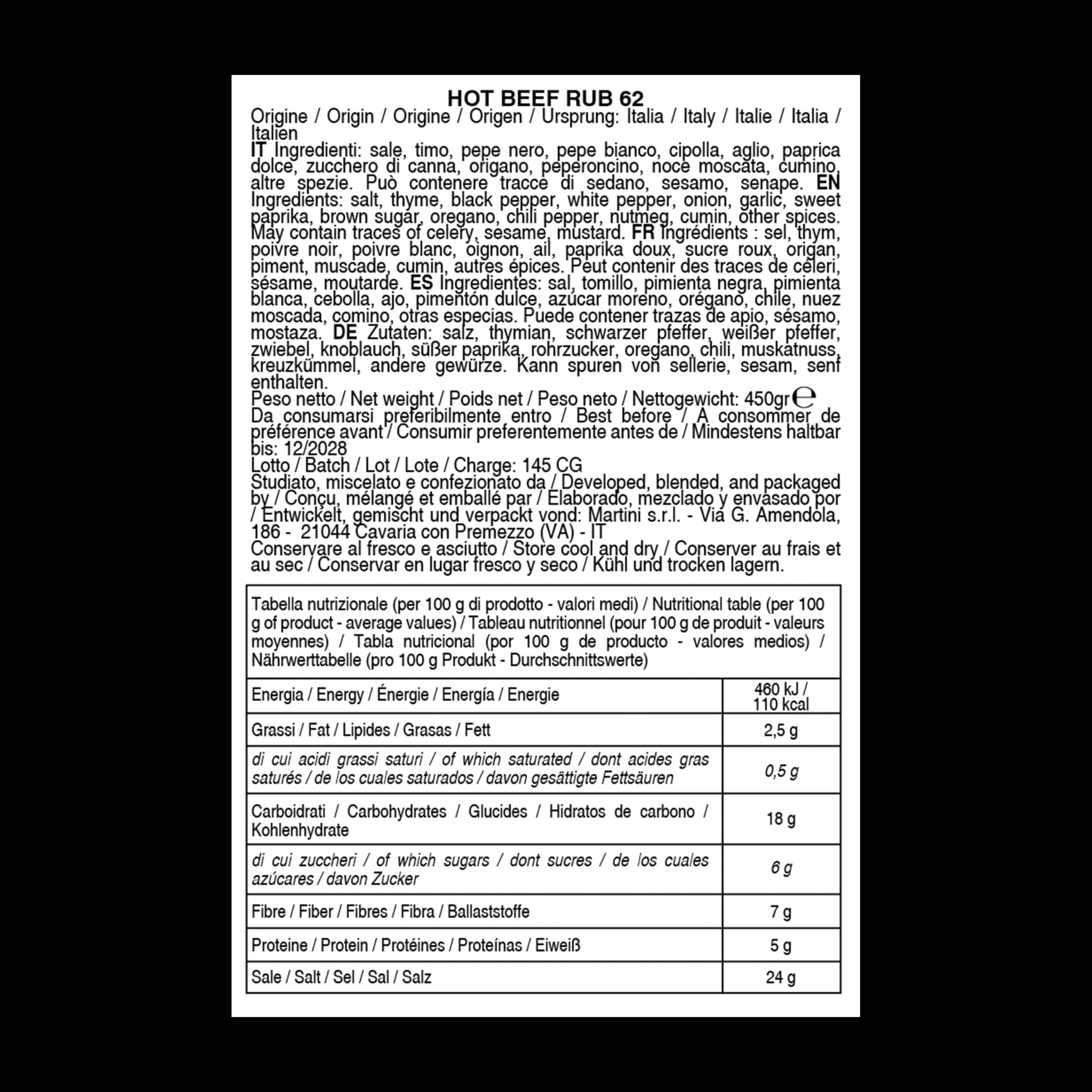 BBQ Hot Beef Rub 62 Bembo – Mezcla de Especias Picante para Carne de Ternera – Marinada Seca Barbacoa – Made in Italy – 450 g