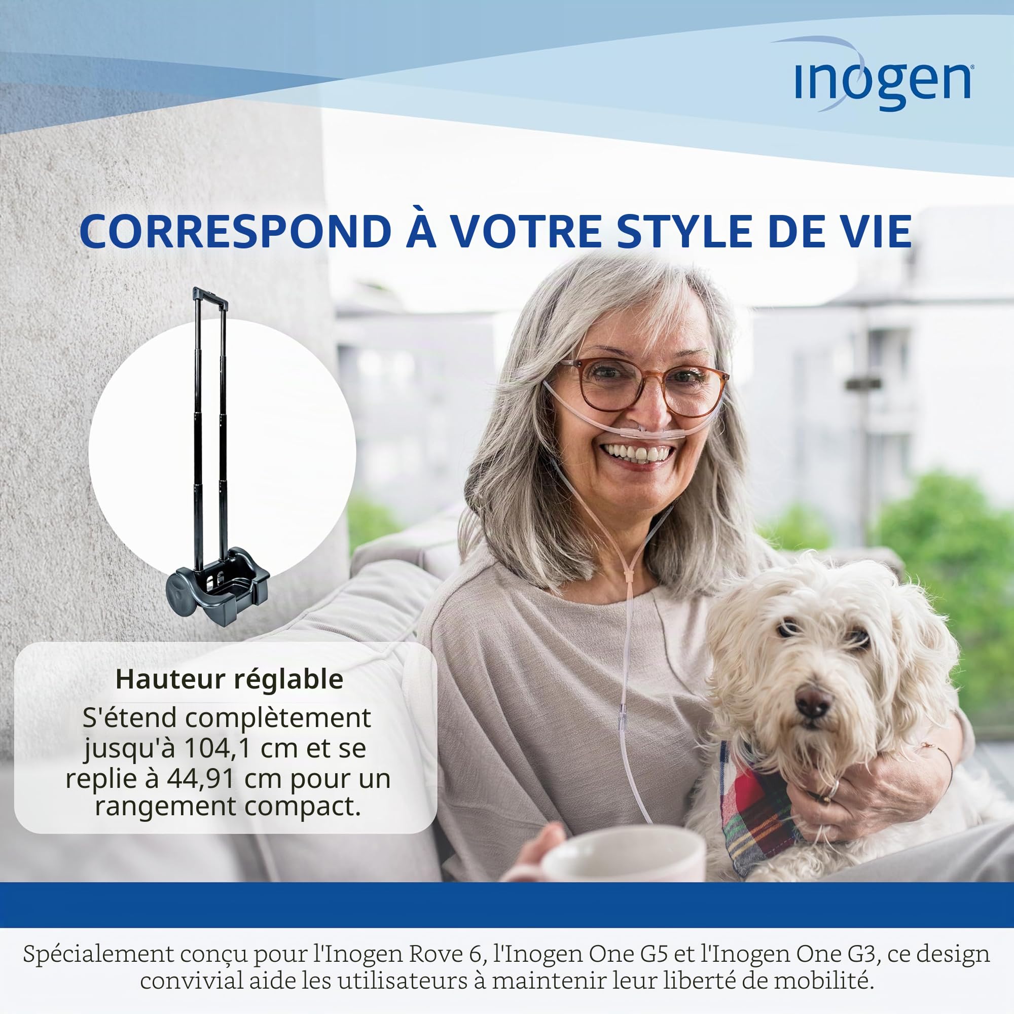 Inogen Un Chariot – pour Le G3, G5 et Rove 6 – Chariot de Transport Pliable – Accessoire oxygène – Poids : 1,5 kg. – 104,1 x 44,9 cm.