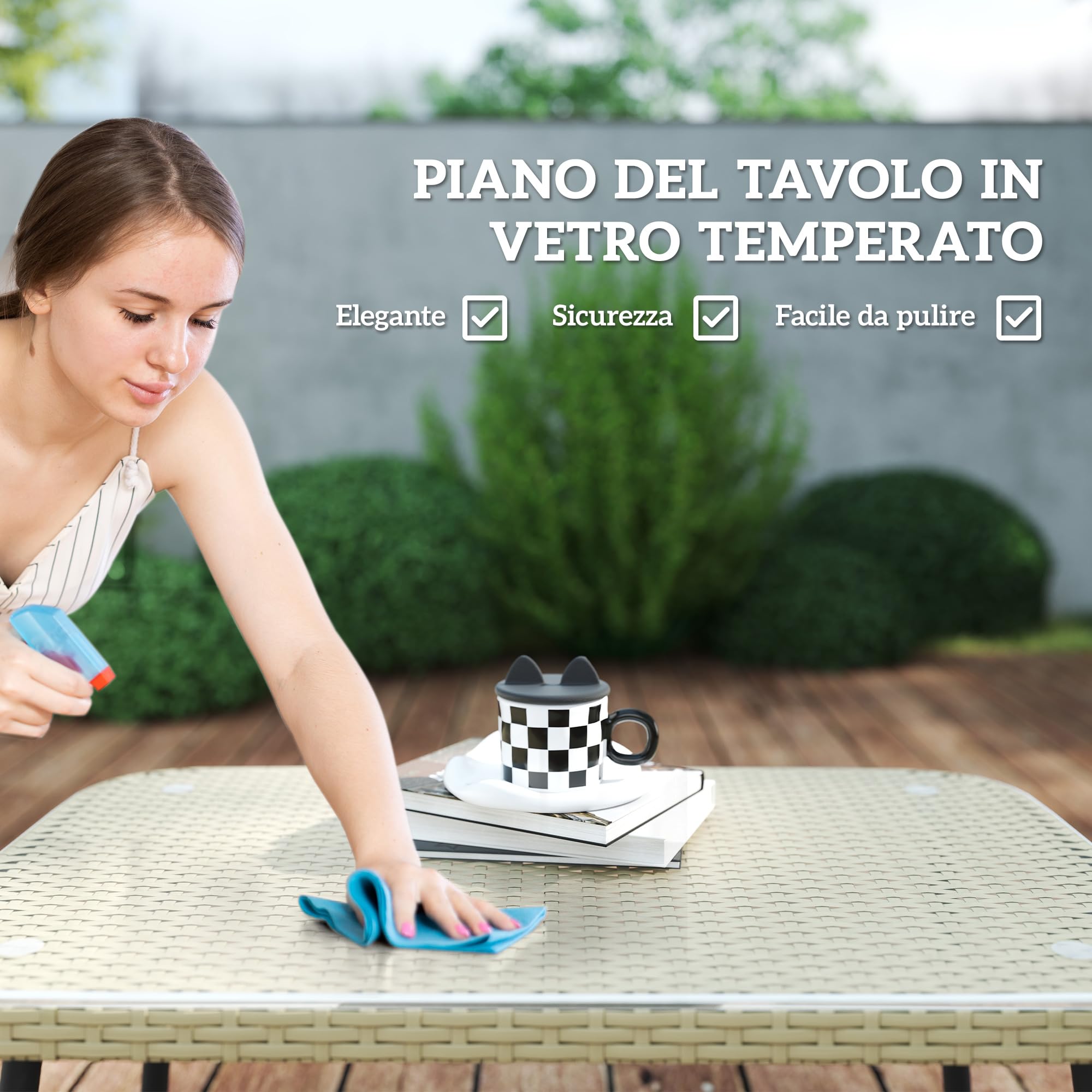 Outsunny Set di Mobili da Giardino in Rattan 4 Pezzi, Salotto da Esterno con 2 Divano a 2 Posti, Poltrona Angolare, Tavolino da Caffè in Vetro e Cuscini Lavabili, Struttura in Acciaio, Naturale/Beige