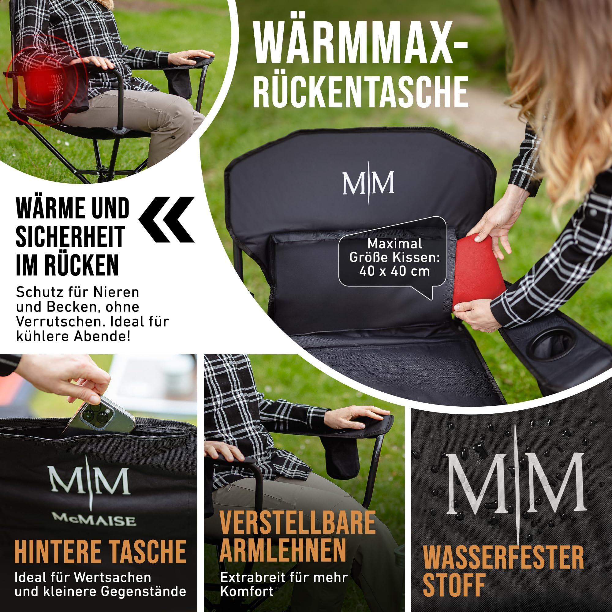 Campingstuhl faltbar schwarz bis 150 kg mit Rückentasche für Kissen oder Wärmflasche, 360° drehbar