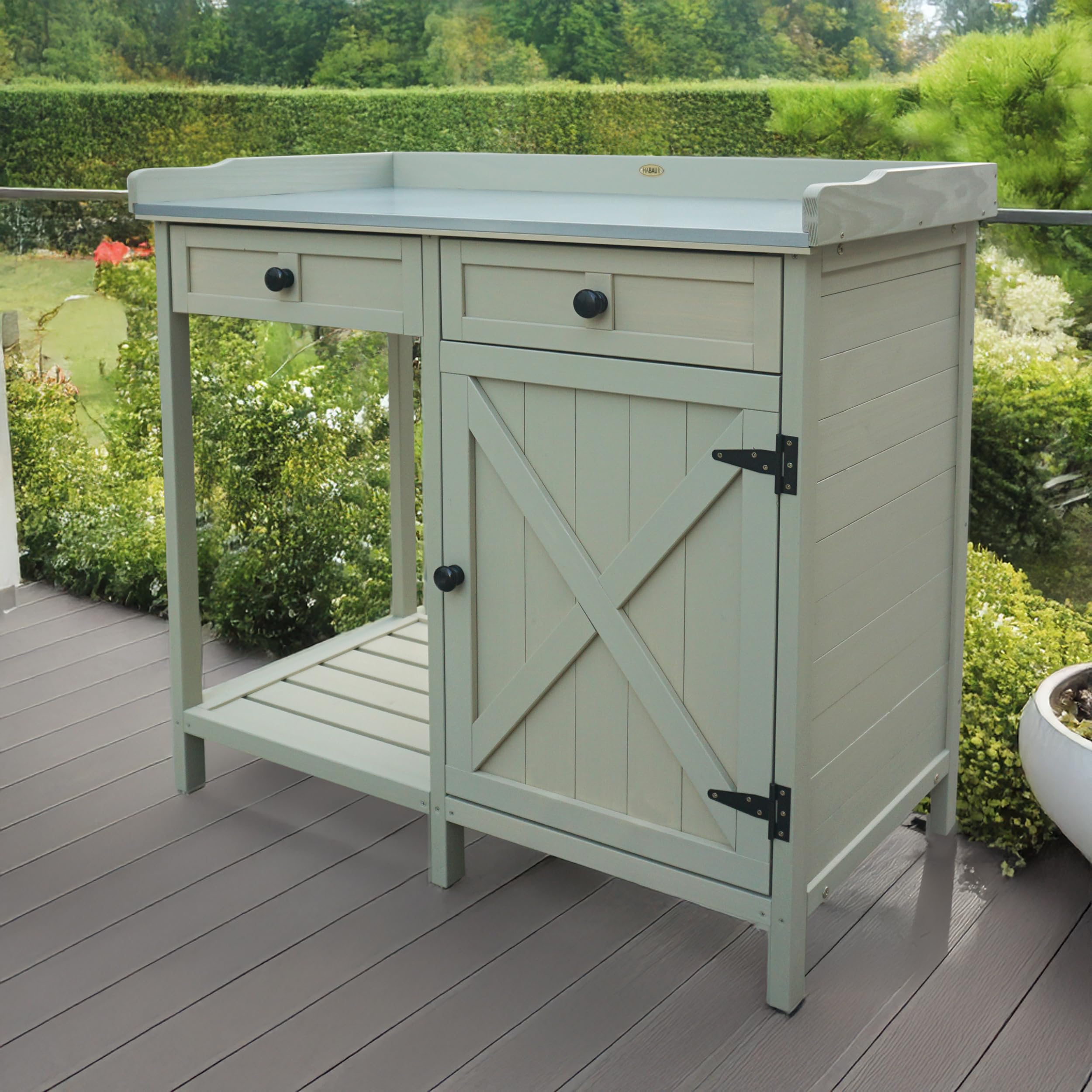 HABAU Pflanztisch mit Unterschrank – Gartentisch aus FSC®-zertifiziertem Massivholz mit Arbeitsfläche & Stauraum – 98 x 48 x 95 cm – Grau