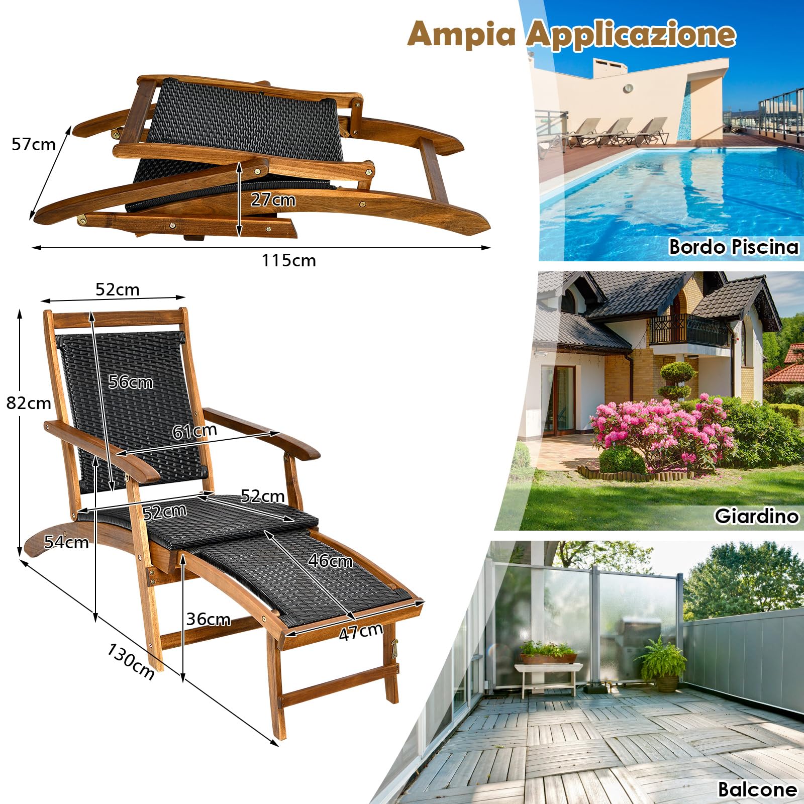 COSTWAY Sedia a Sdraio da Esterno con Poggiapiedi Telescopico | Prendisole Pieghevole con Schienale e Sedile in Rattan e Struttura in Legno Massello per Giardino e Cortile, Portata 160 kg