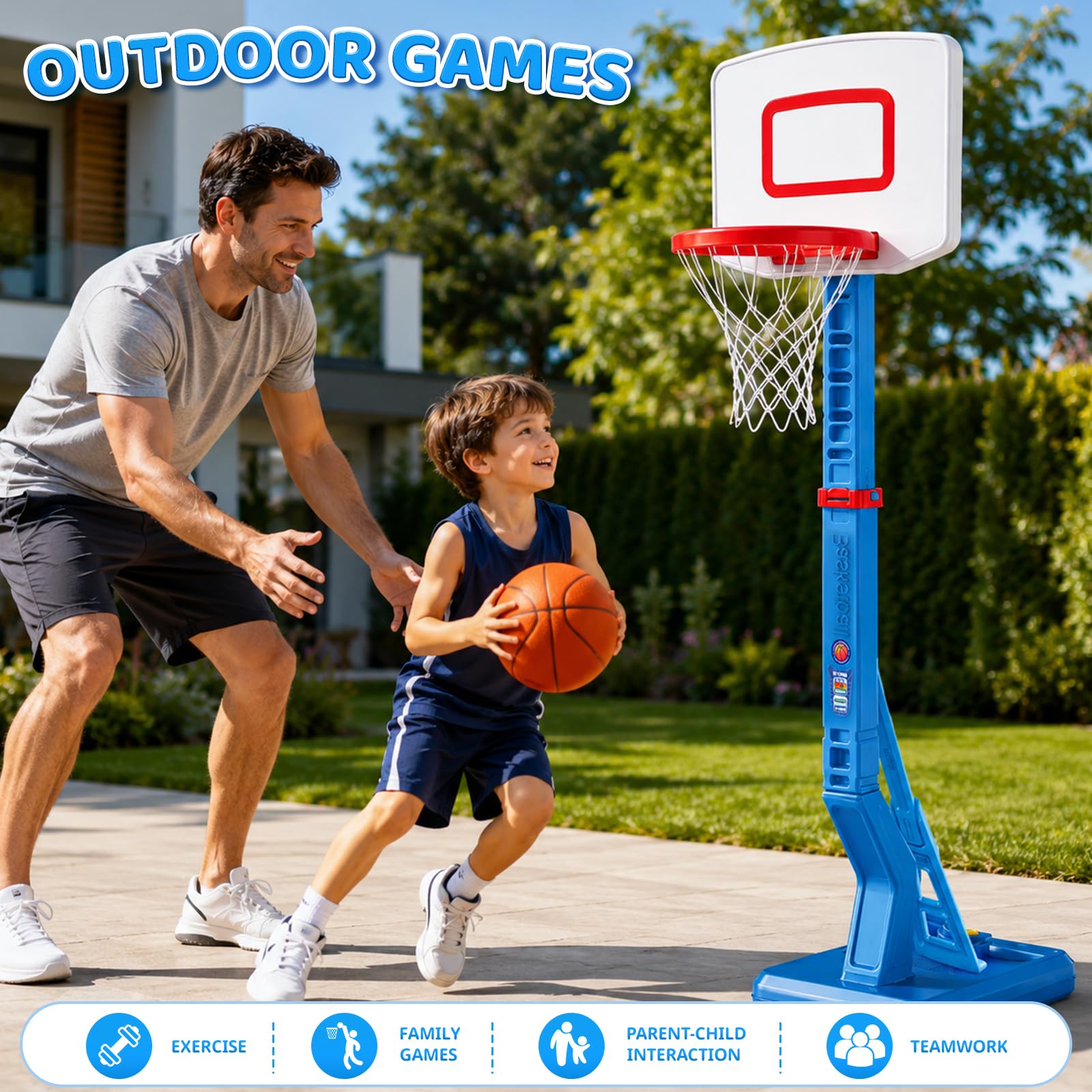 Canestro da basket regolabile in altezza, per bambini di età compresa tra 3, 4, 5, 6, 7 e 8 anni, con supporto per piscina, giocattolo per interni ed esterni, giardino
