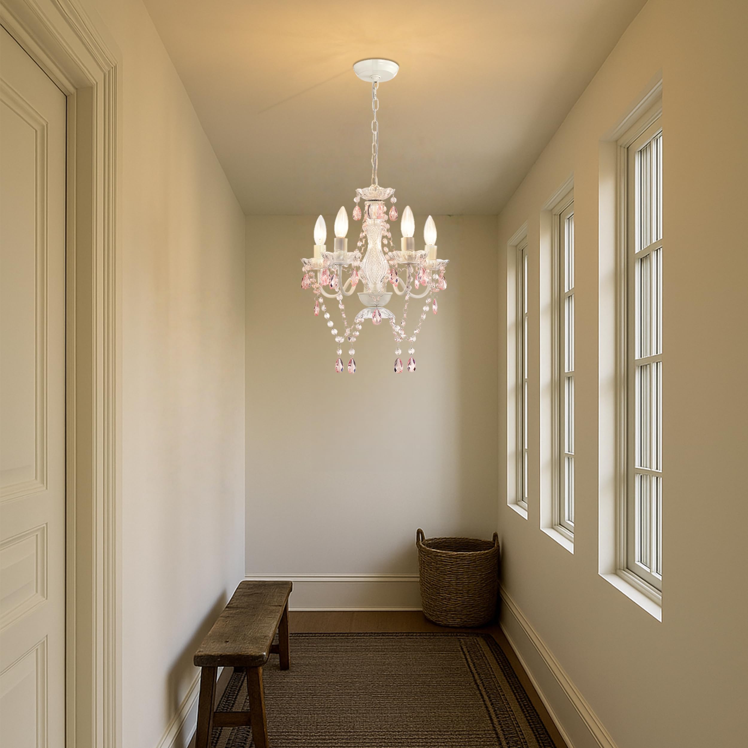 Alighting Kleiner Kronleuchter in Rosa und Weiß – 4-Flammige Pendelleuchte Ø 41 cm, Elegante Deckenlampe für Mädchen Kleine Räume, Schlafzimmer, Kinderzimmer, Flur, E14