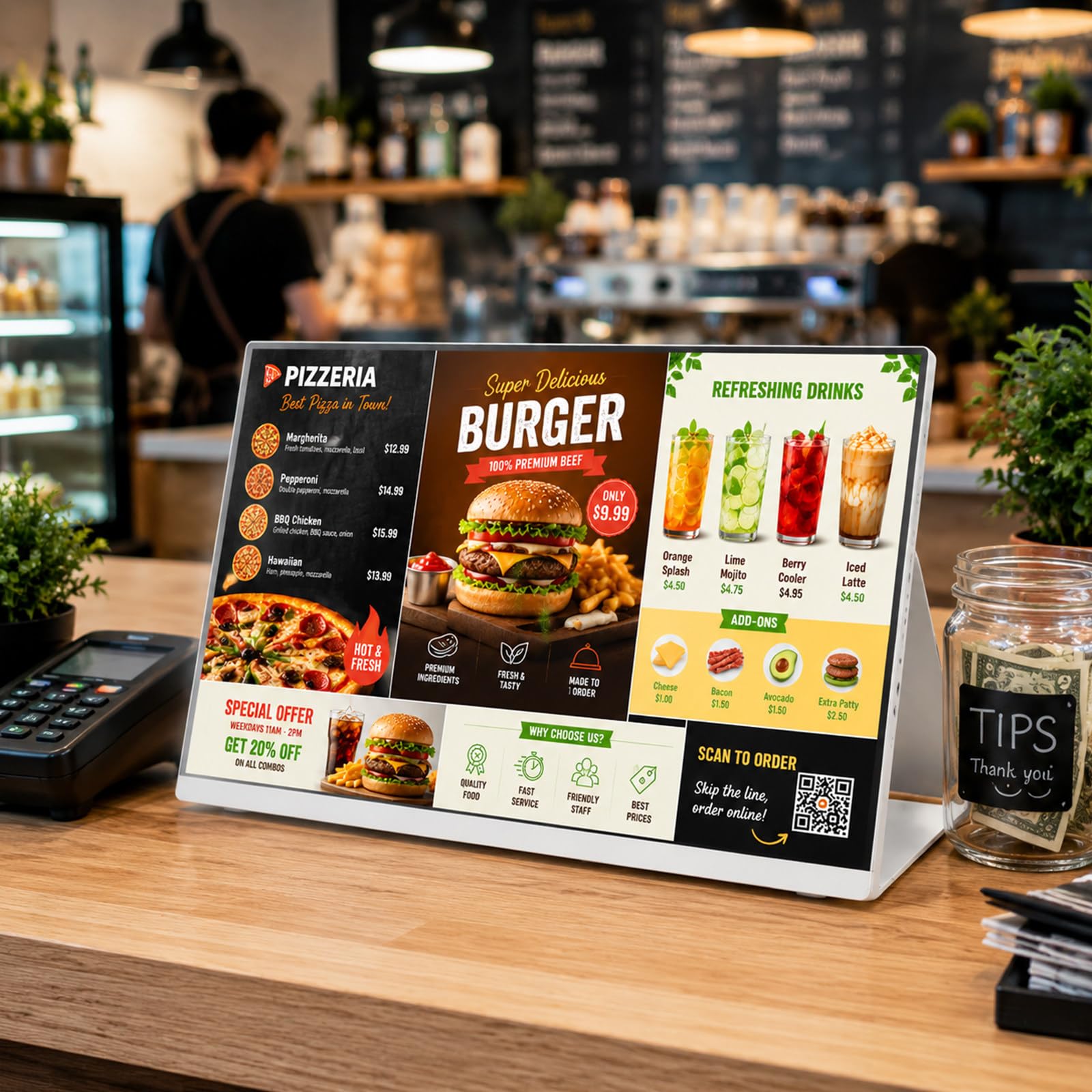 Speisekartenhalter 700 Nits Hochglanz-Kundenstopper, kostenlose Cloud & USB, Aluminium Nicht-Touch, intelligenter Timer für Imbiss & Pizzerias 27Inch