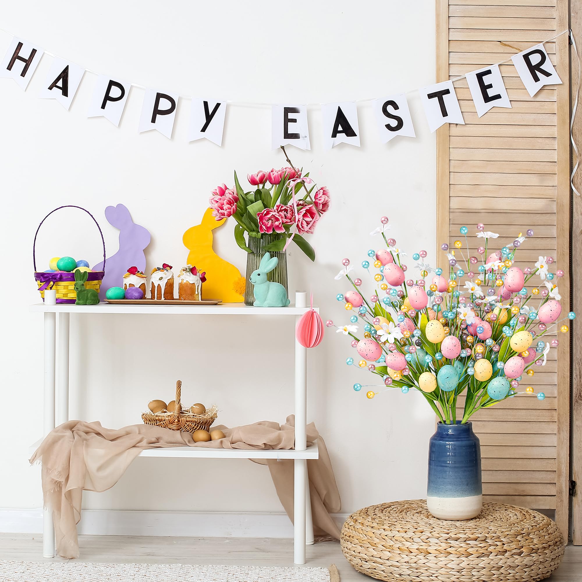 Sggvecsy Tallos artificiales de Pascua, 6 unidades, púas de bayas de primavera con huevos de Pascua, bayas coloridas, hojas, ramas, aerosoles de Pascua para arreglos de Pascua, centro de mesa,