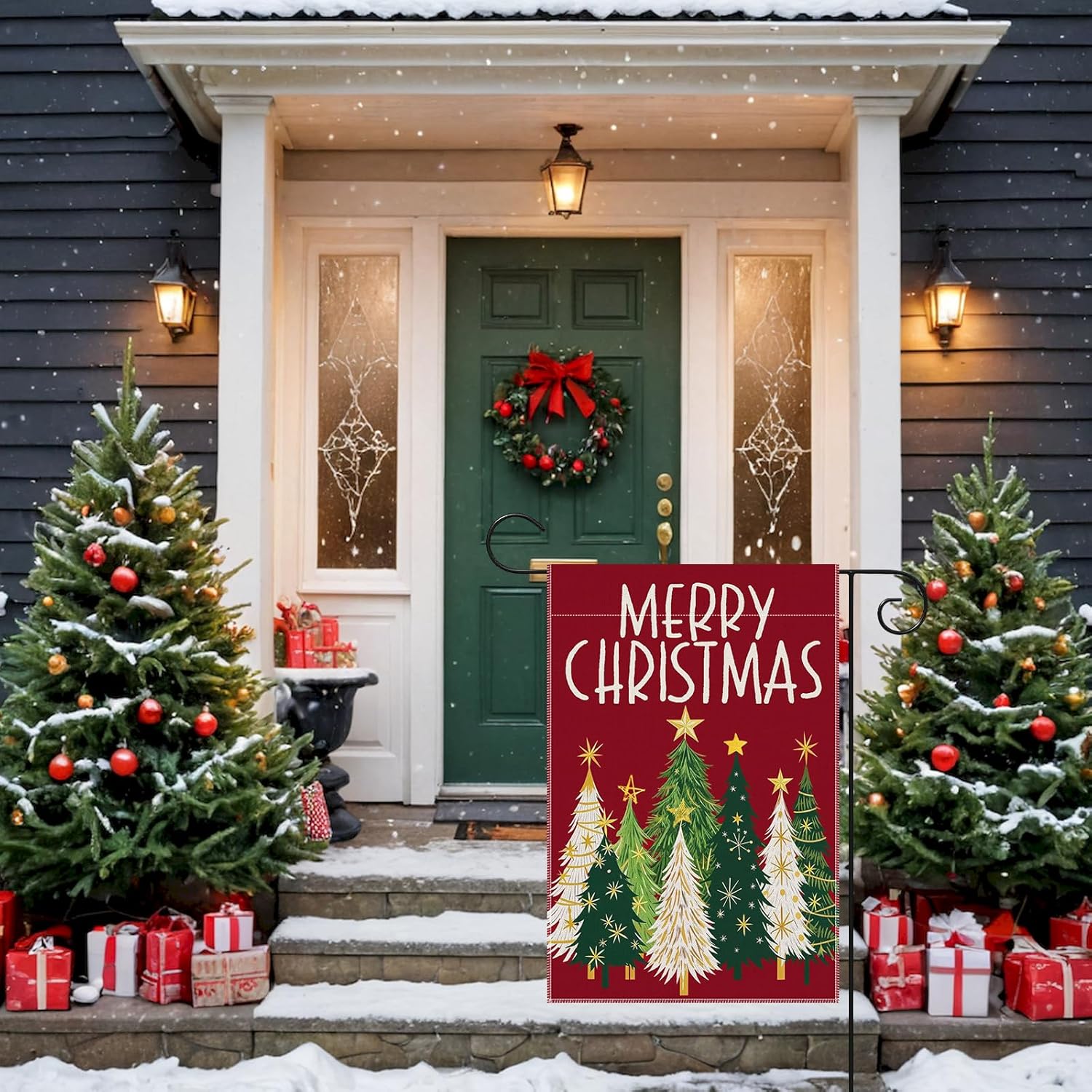 12 x 18 Inches Merry Christmas Garden Flag – Double-Sided Linen Holiday Yard Flag with Green and White Christmas Trees on Red Background for Winter Porch Outdoor Decorations - Image 4