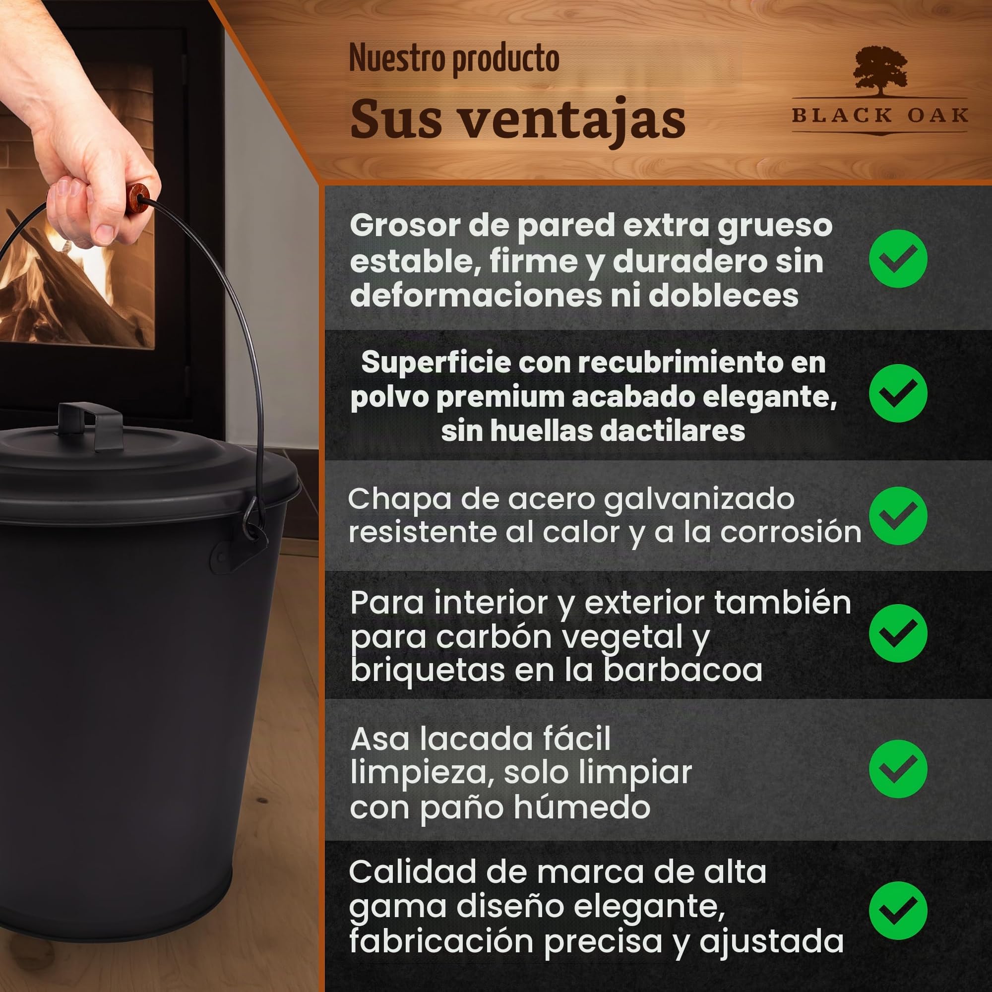 BLACK OAK Cubo de cenizas Santorini, 25 l, negro con tapa, XXL, extra grande, 25 litros, acero galvanizado a prueba de fuego, con recubrimiento de polvo, ceniza y carbón, accesorio ideal para chimenea