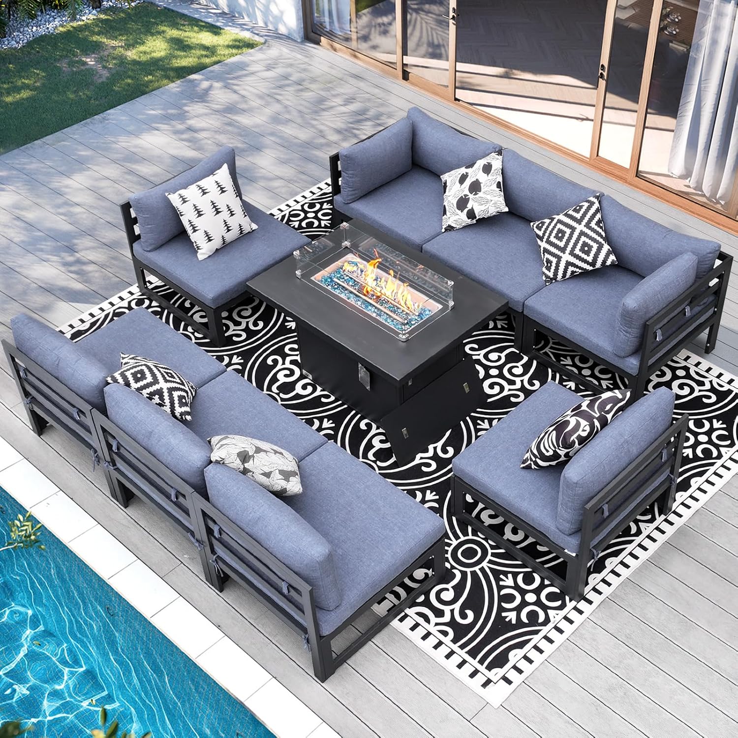 RADIATA 8 Seat Oversized Modern Aluminum Patio Furniture Set, All Weather No Rust Modular Sectional Sofa with Fire Pit Table, 500 lbs Heavy Duty Comfy Outdoor Couch for Garden Backyard, Denim Blue 9pcs-C Blue With Gray Aluminum