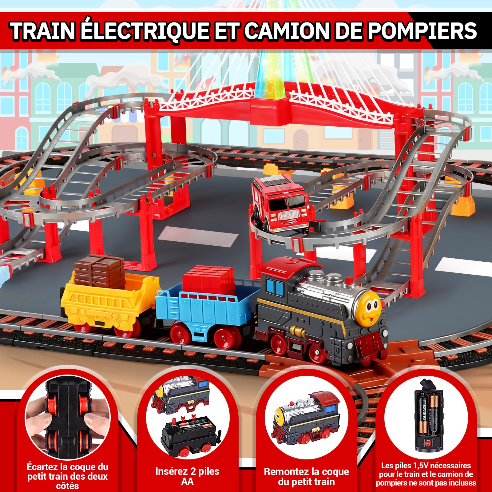 JONRRYIN Circuit Train Electrique, 161Pièces Jeu Train Enfant, Pompiers Voiture et Trains, Camion de Pompiers Jouets, Voies Ferrées, Cadeau Éducatif Garçons et Filles 2 3 4 5 6 Ans