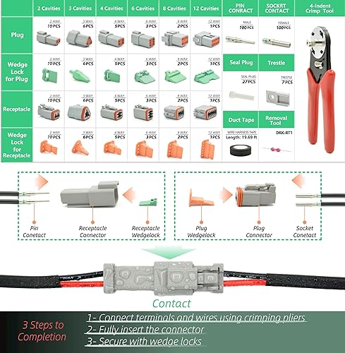 Miniatura 2 de Kit de conectores impermeables de la serie DT Deutsch de 345 piezas, 2, 3, 4, 6, 8, 12 pines, herramienta de crimpado (12-20AWG) y herramienta de