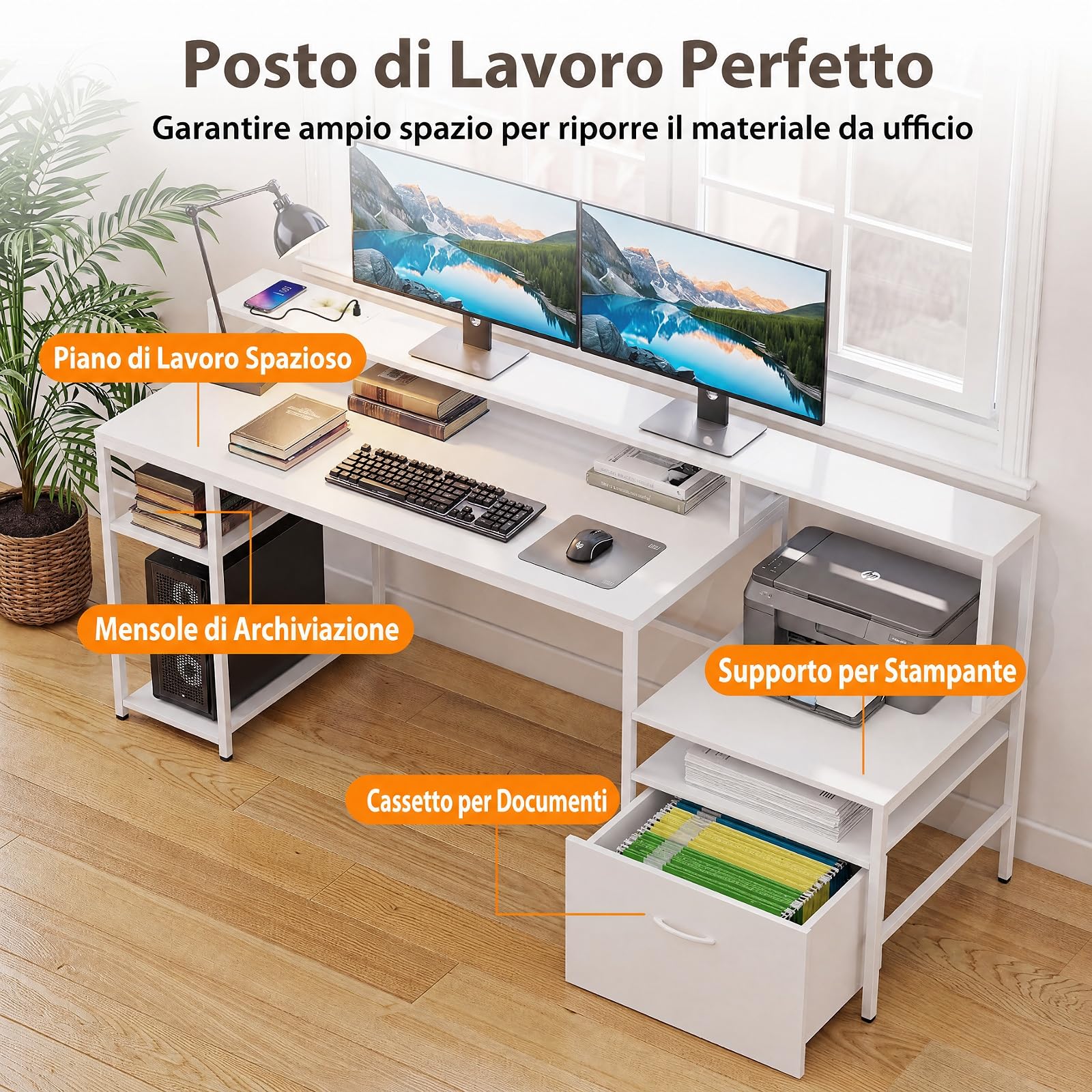 COSTWAY Scrivania Gaming Salvaspazio con Stazione di Ricarica (Bianco) | Scrivania con Ampio Piano, Cassetto con Ruote, Supporti per PC, Monitor e Stampante, per Ufficio e Casa