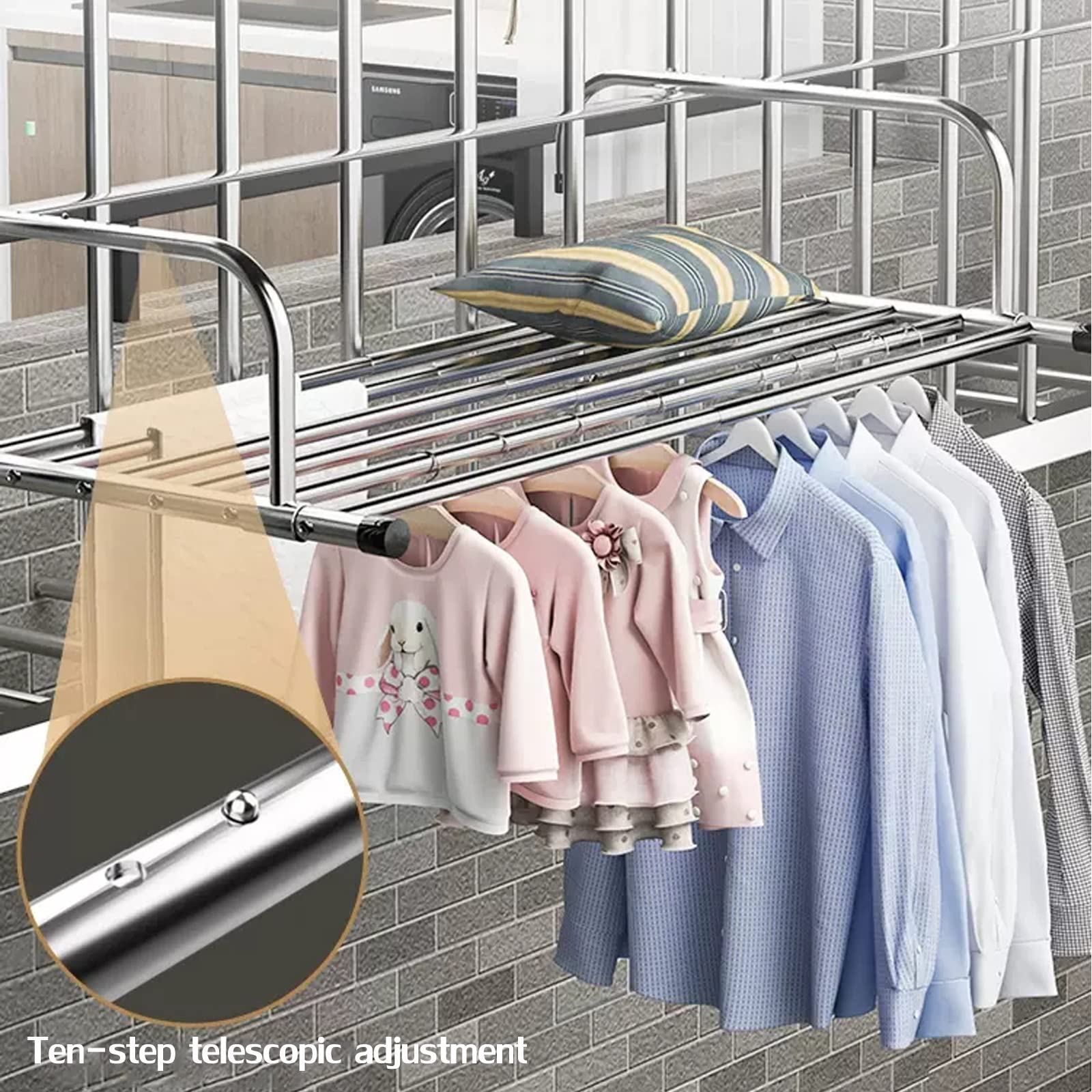Ausziehbarer Balkon-Wäscheständer, zusammenklappbarer Wäscheständer, Edelstahl-Wäscheständer für den Innen- und Außenbereich und den Balkon, längenverstellbar, platzsparend, an der Wand montierter W