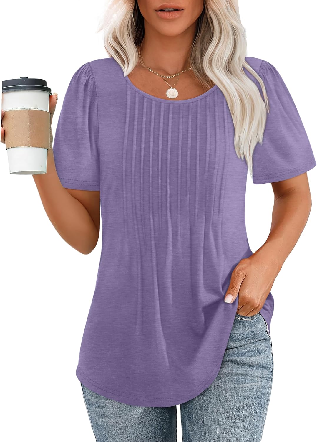 Women's Pleated Round Neck Puff Sleeve Summer Short Sleeve T-Shirt Solid Colour Floral Top image 2