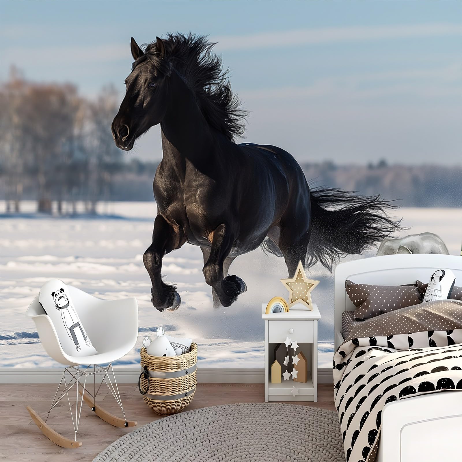 Papier Peint Intissé Photo Mural Cheval noir - Décoration Murale Toison pour Salon, Chambre à Coucher, Salle - Tableaux Tapisserie Photo - 250 x 175 cm