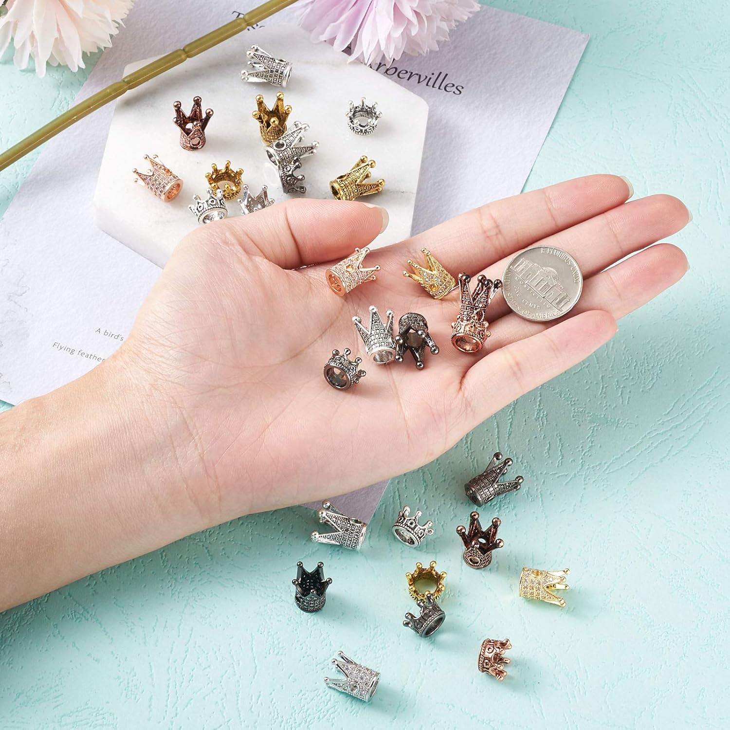 Beadthoven 88pcs 3 Styles King Crown Charm Beads 4 Colors Micro Pave Cubic Zirconia Queen Crown Bracelet Connector Charm Spacer CZ Stone Beads for DIY Jewelry Making