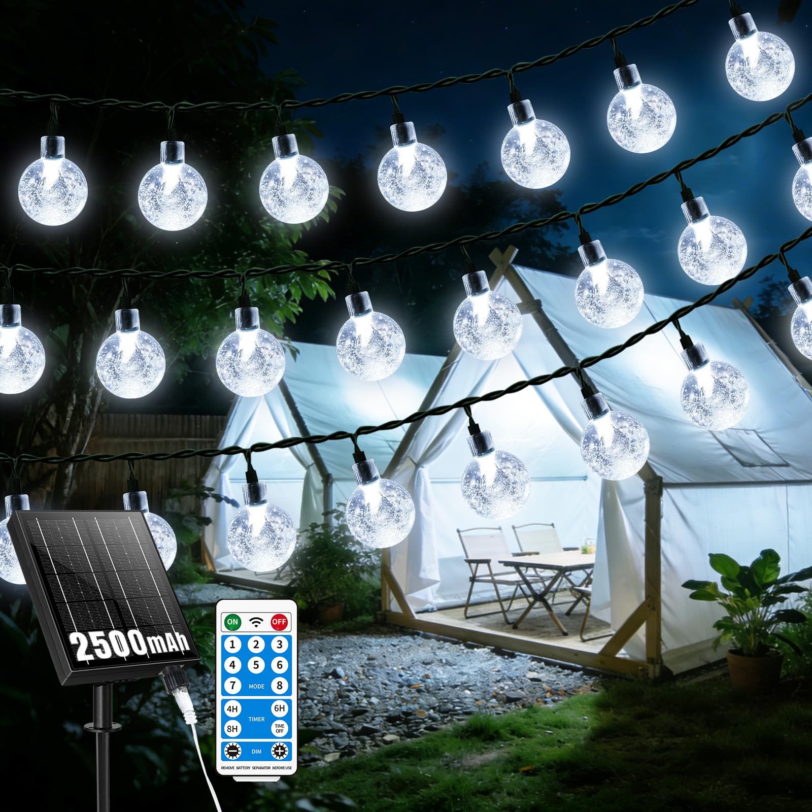 GCMacau 2500mAh Solar Fairy Lights, 12M/39.2ft 60LED Outdoor Fairy Lights Solar Powered Waterproof 8 Modes with Remote Control Solar Outdoor StringLights for Garden Gazebo Festival
