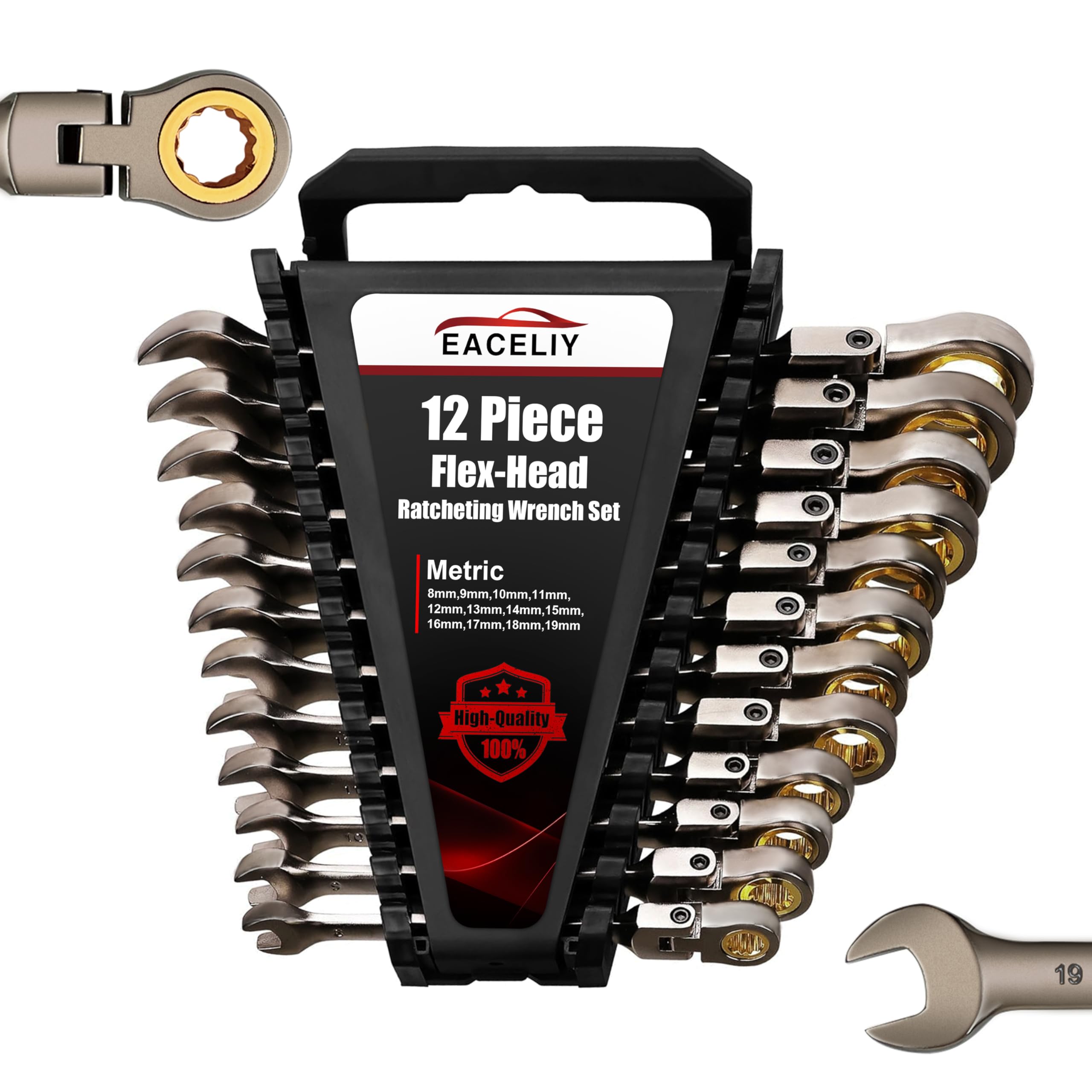 EACELIY Juego de llaves de trinquete Flex-Head, combinación de trinquete métrico de 12 piezas de 180°